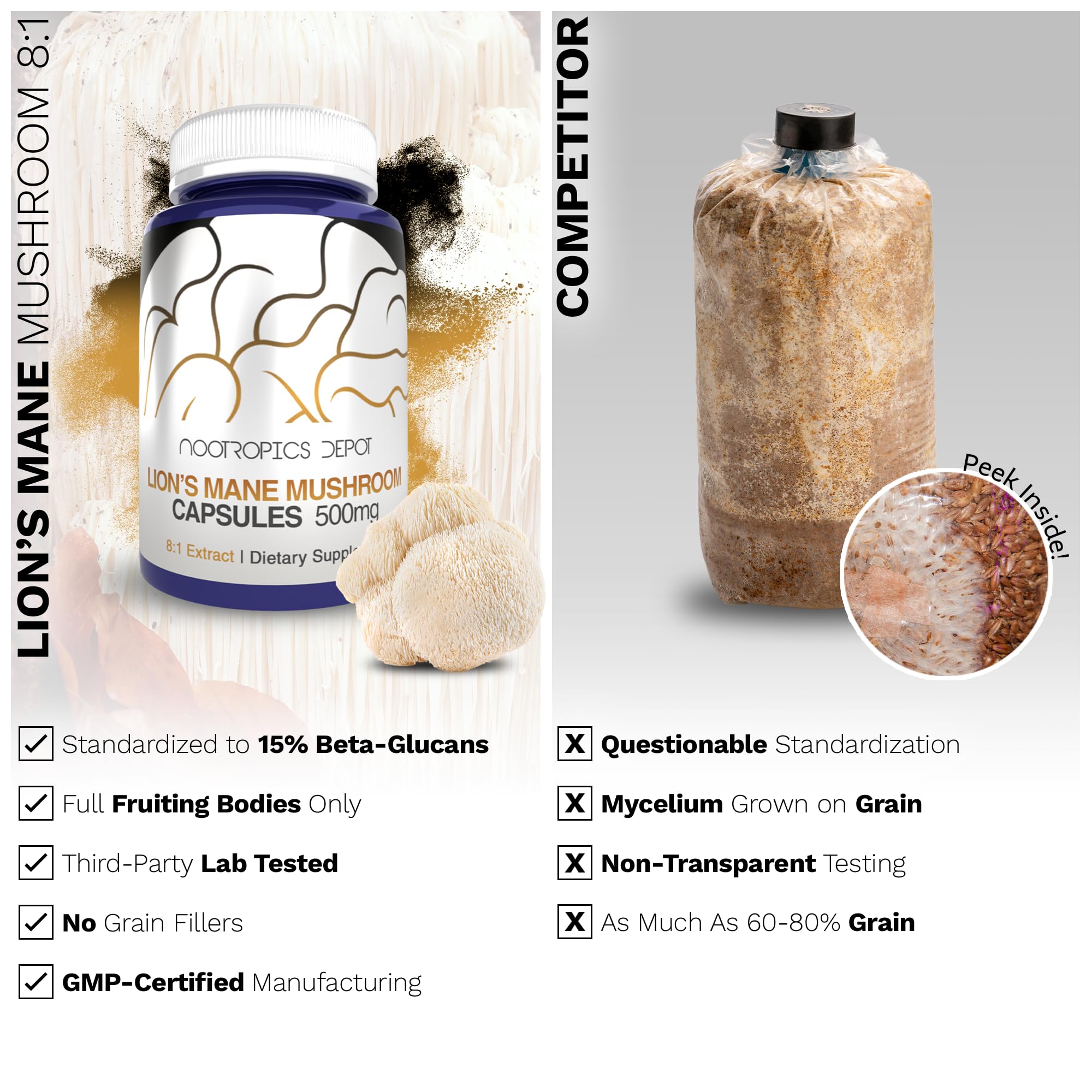 Foto 6 pulgar | Suplemento Nootropics Depot Lions Mane Mushroom 500 Mg 60 Cápsulas - Venta Internacional.