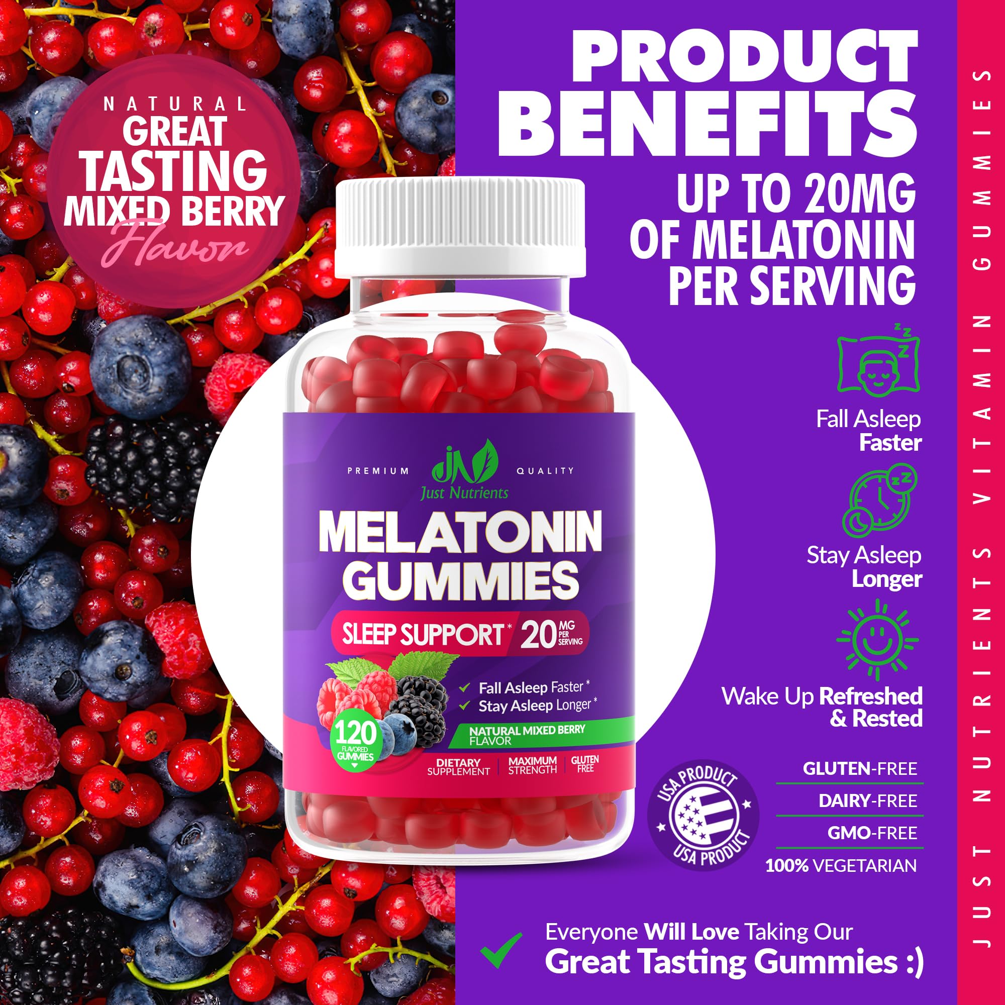 Foto 3 | Gomitas De Melatonina Supplement Just Nutrients, 20 Mg (120 Unidades) - Venta Internacional.