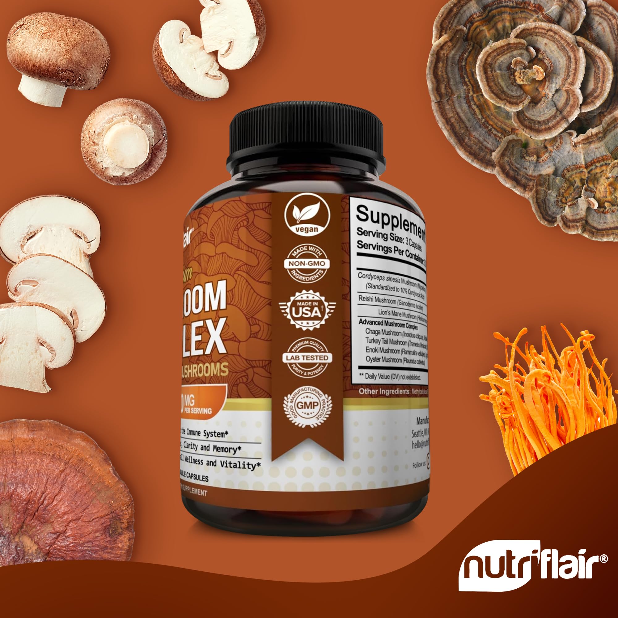 Foto 5 pulgar | Suplemento Nutriflair Mushroom Complex 2600 Mg 90 Cápsulas - Venta Internacional.