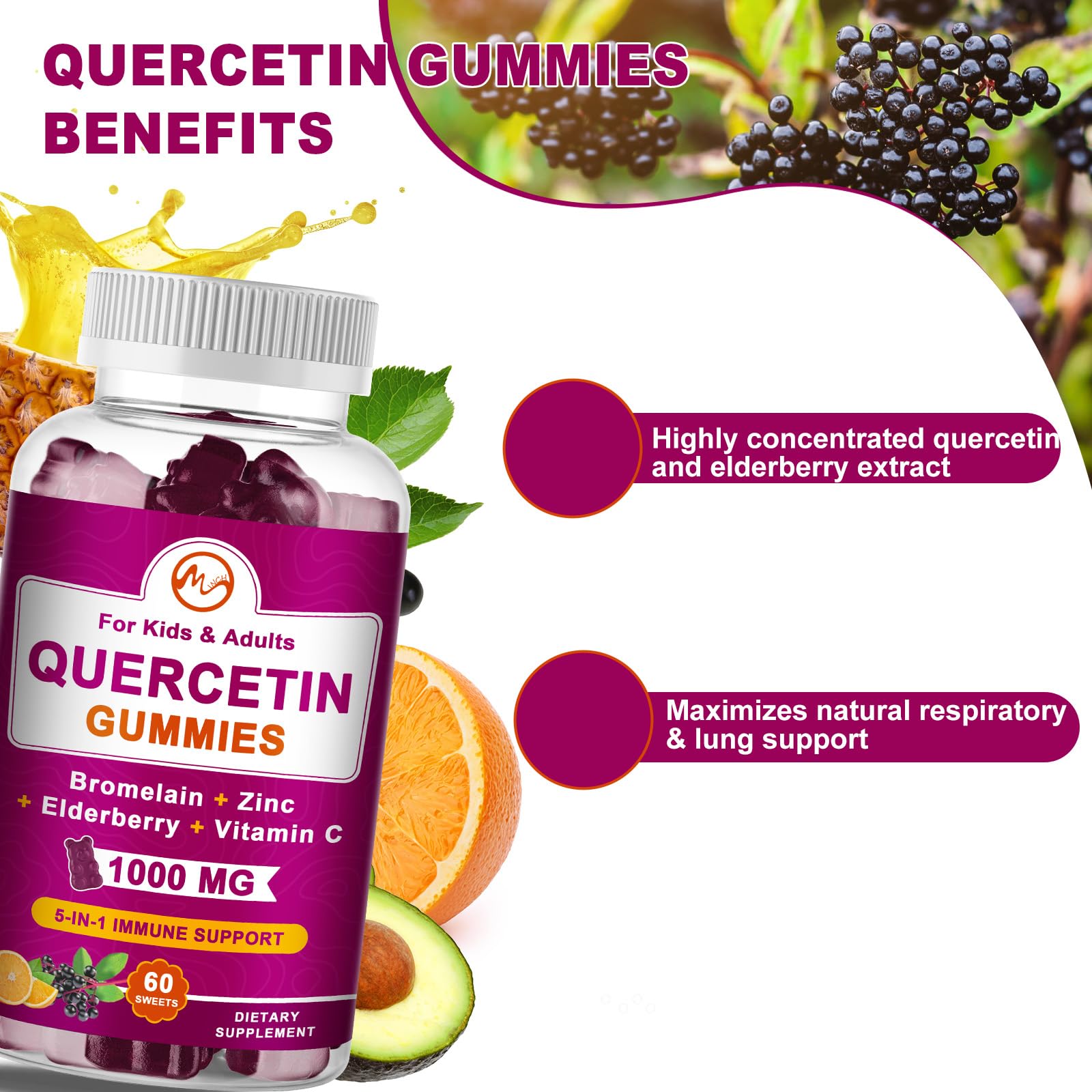 Foto 3 pulgar | Gomitas De Quercetina Con Bromelina, Saúco, Zinc Y Vitamina C (paquete De 2) 1000 Mg - Venta Internacional.