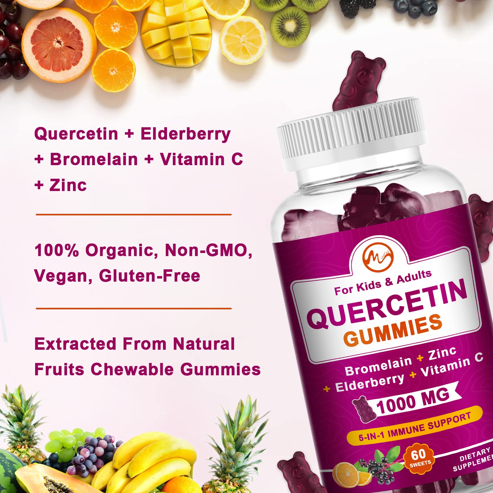 Foto 4 pulgar | Gomitas De Quercetina Con Bromelina, Saúco, Zinc Y Vitamina C (paquete De 2) 1000 Mg - Venta Internacional.