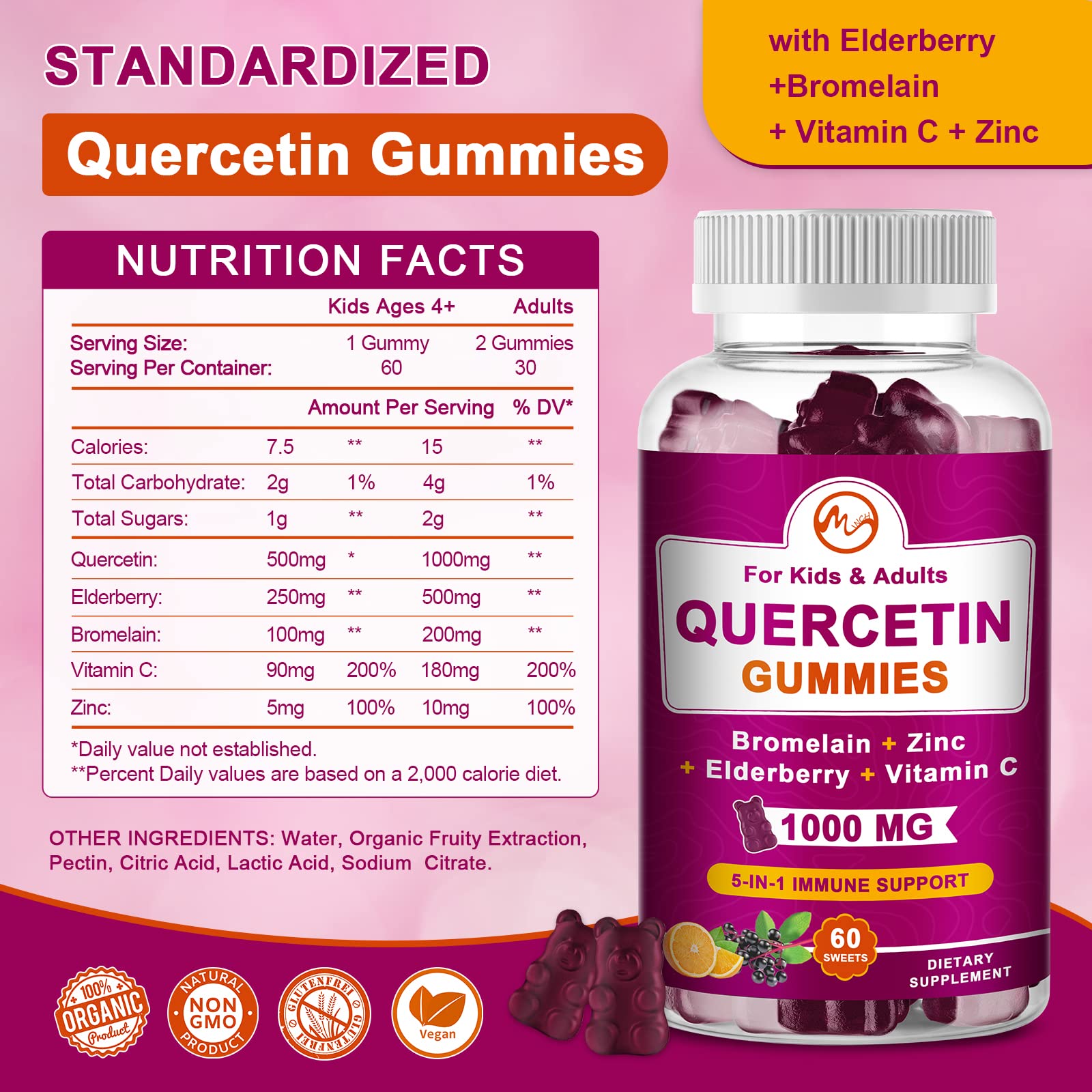 Foto 6 pulgar | Gomitas De Quercetina Con Bromelina, Saúco, Zinc Y Vitamina C (paquete De 2) 1000 Mg - Venta Internacional.