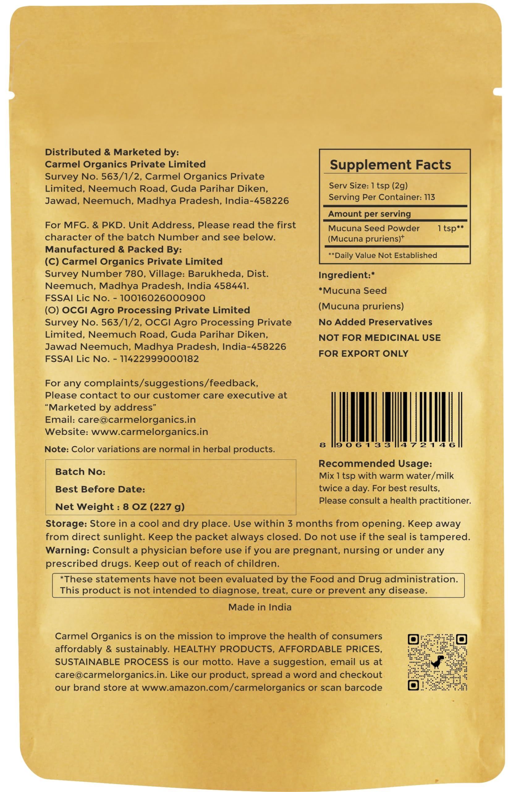 Foto 2 | Semillas De Mucuna Pruriens En Polvo Carmel Organics 227 G - Venta Internacional.