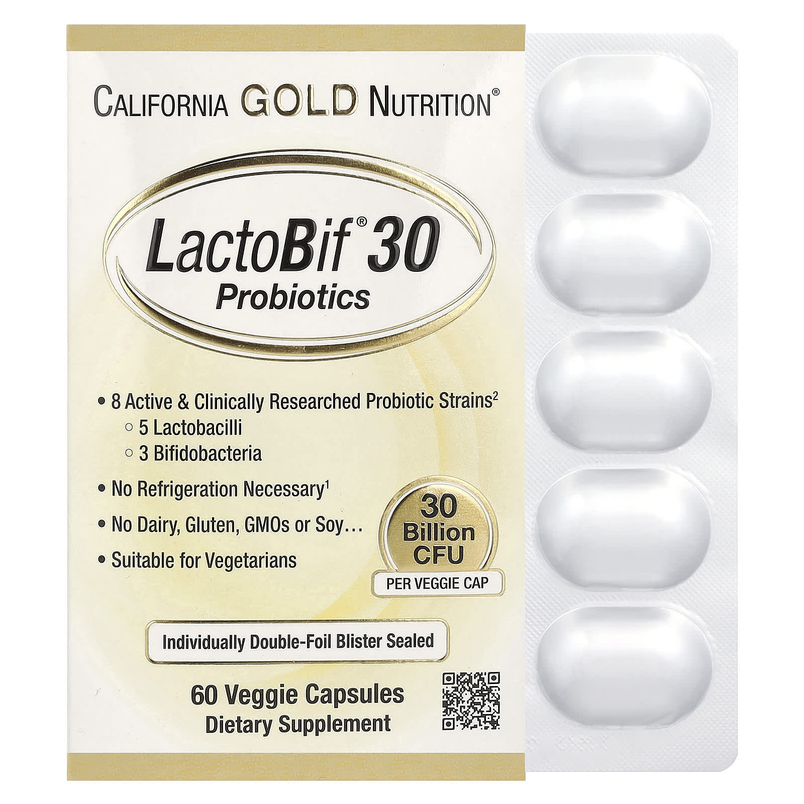 Foto 2 pulgar | Probióticos Lactobif 30 California Gold Nutrition 30.000 Millones de UFC 60 Cápsulas Vegetales