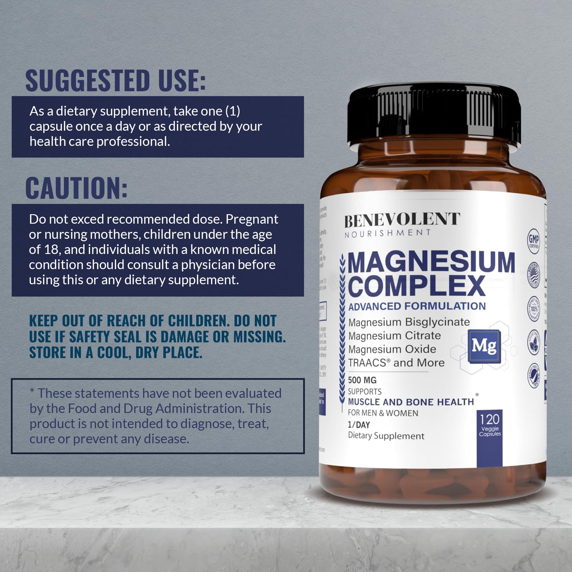 Foto 6 pulgar | Suplemento Benevolent Magnesium Complex 500 Mg 120 Cápsulas - Venta Internacional.