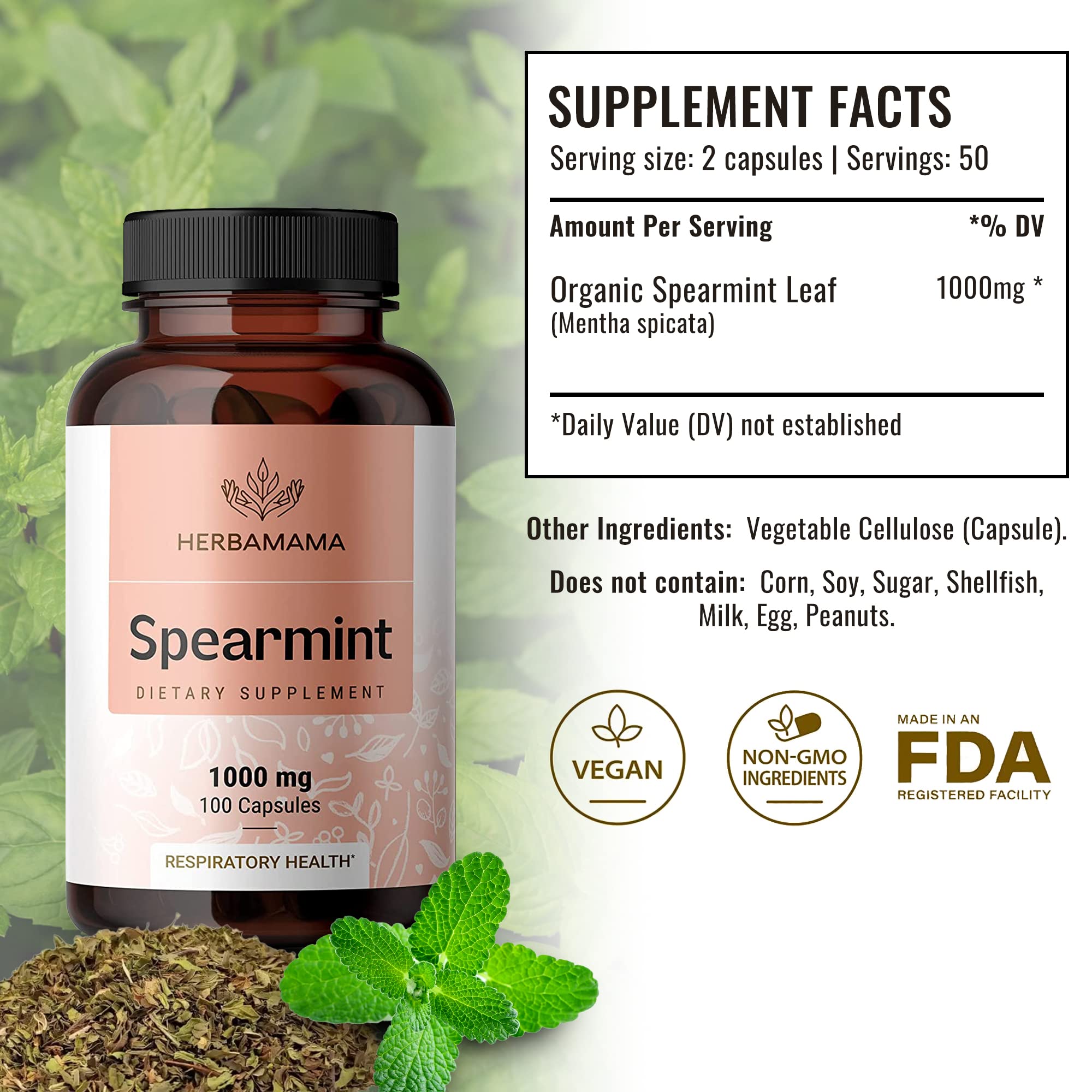 Foto 3 pulgar | Suplemento Herbamama De Hierbabuena, 100 Cápsulas, 1000 Mg, Orgánico - Venta Internacional.