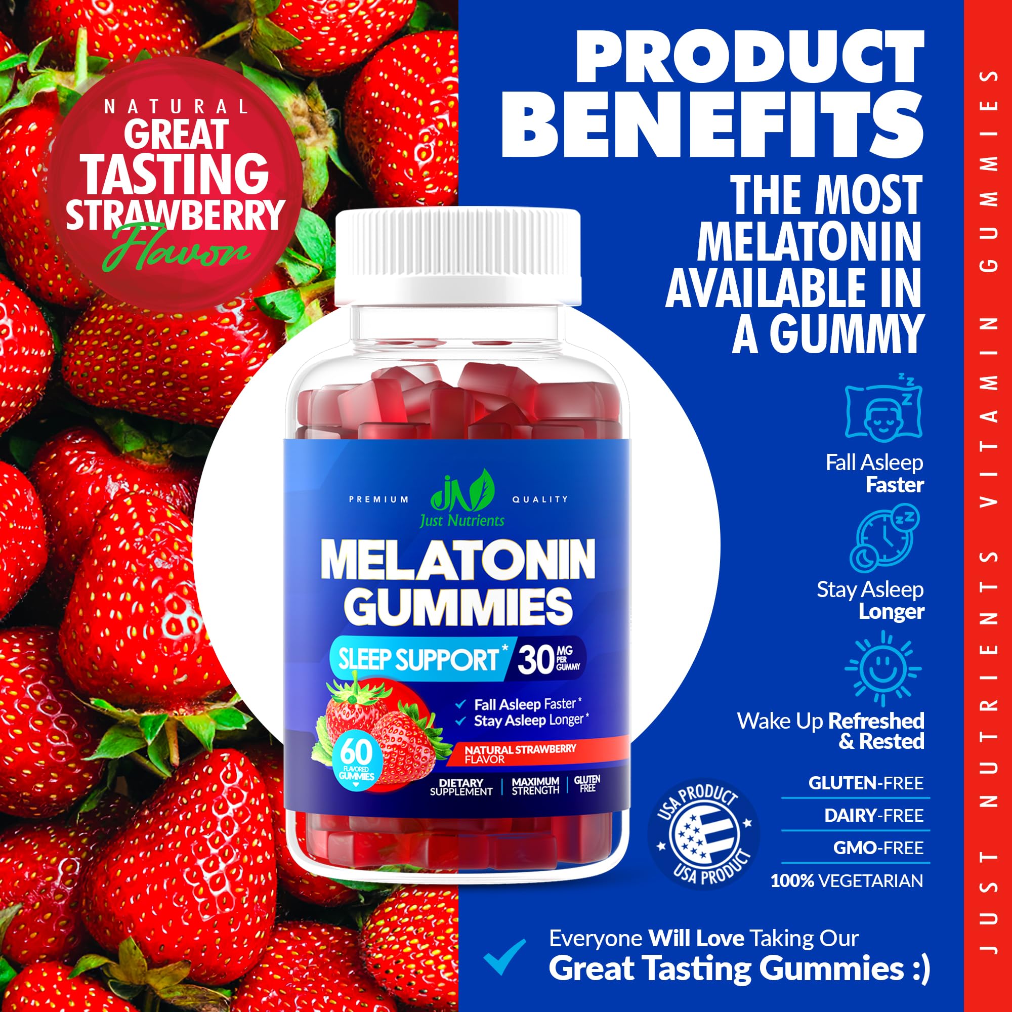 Foto 4 pulgar | Gomitas De Melatonina Just Nutrients 30 Mg Para Adultos, 60 Porciones - Venta Internacional.