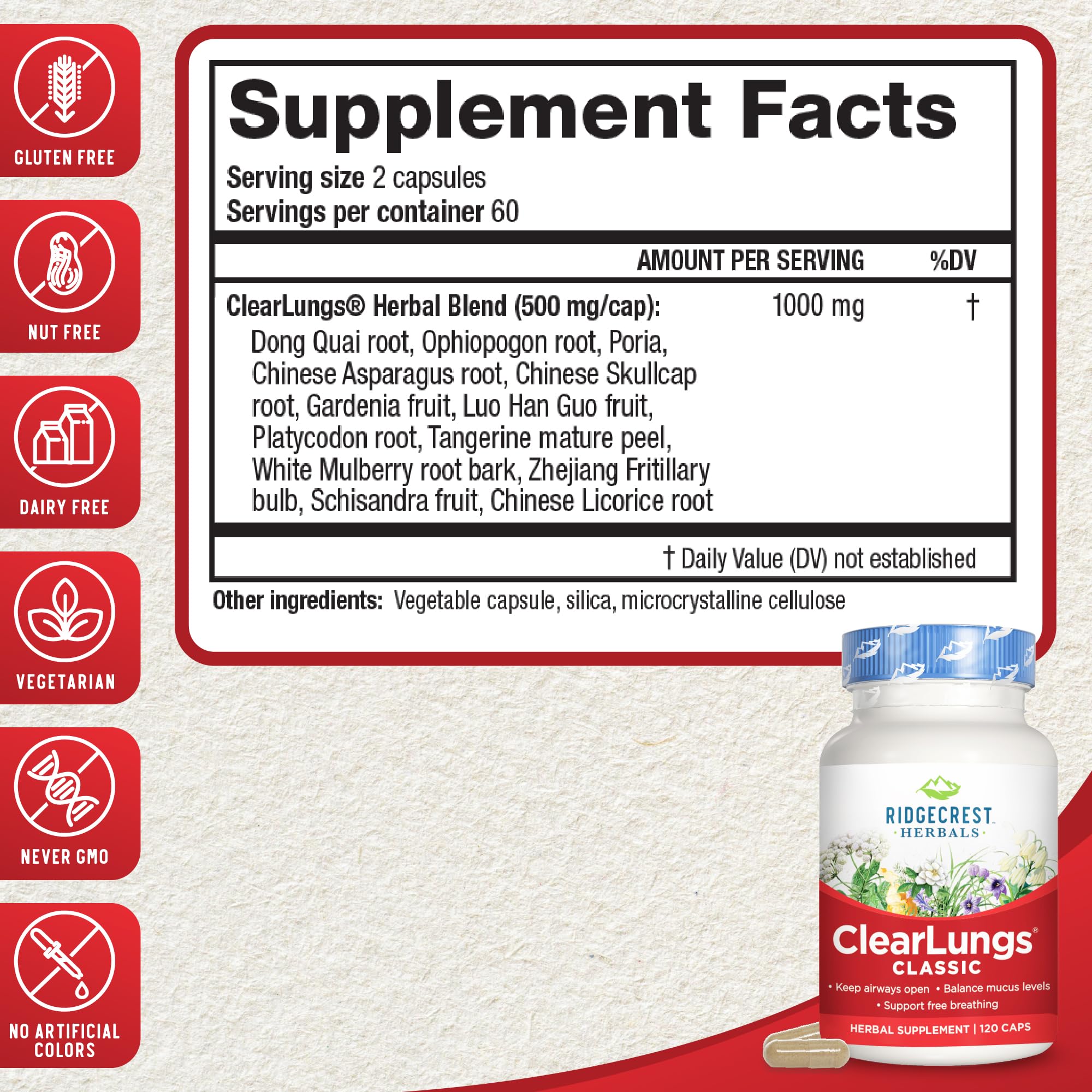 Foto 2 | Suplemento Ridgecrest Herbals Clearlungs Classic 120 Cápsulas - Venta Internacional.