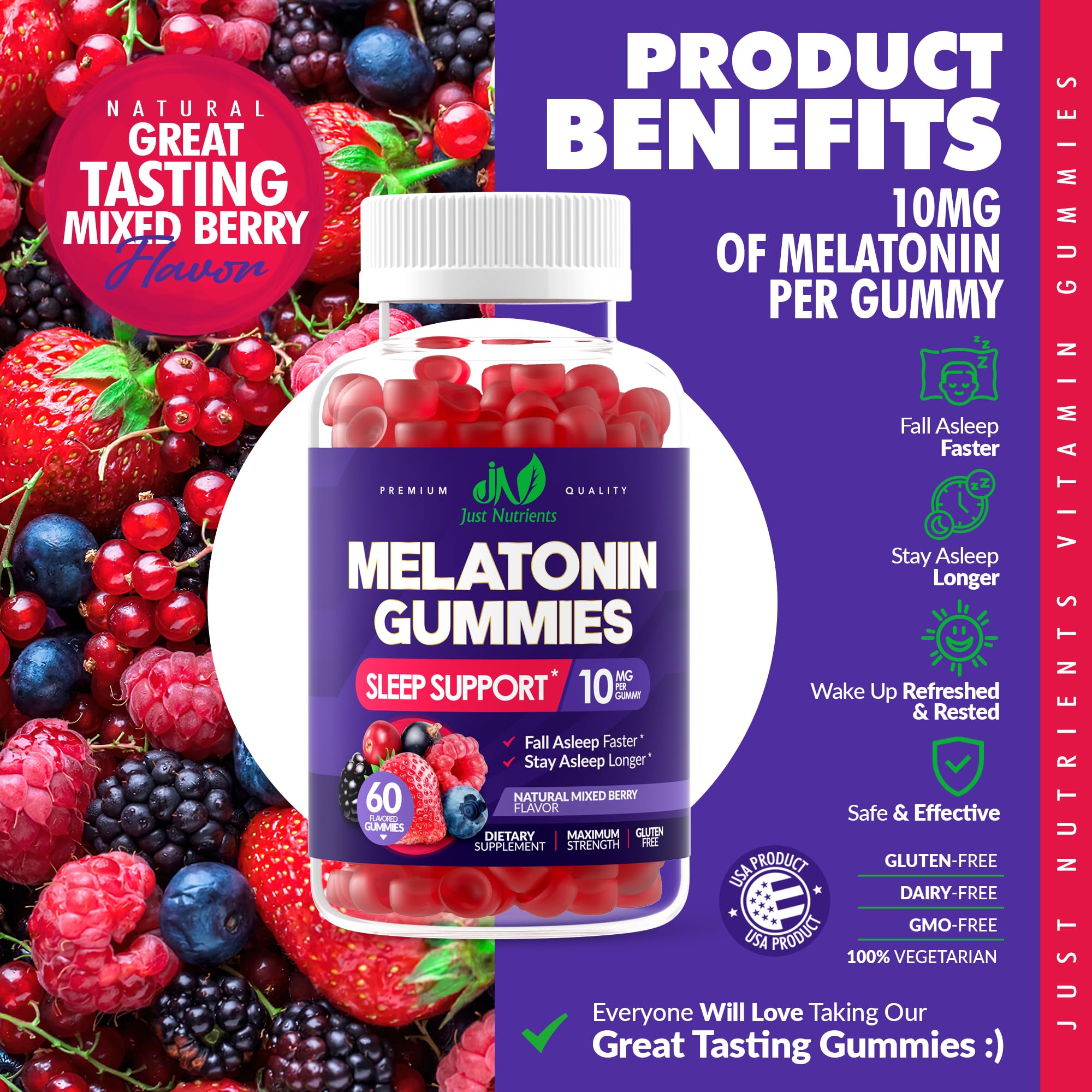 Foto 4 pulgar | Gomitas Supplement Just Nutrients Con Melatonina, 10 Mg, 60 Unidades - Venta Internacional.