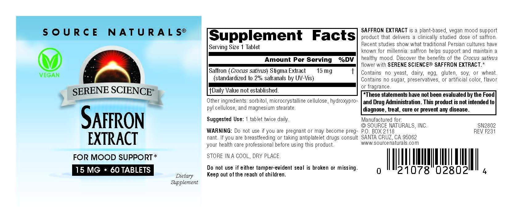 Foto 5 pulgar | Extracto De Azafrán Serene Science De Supplement Source Naturals, 60 Comprimidos - Venta Internacional.