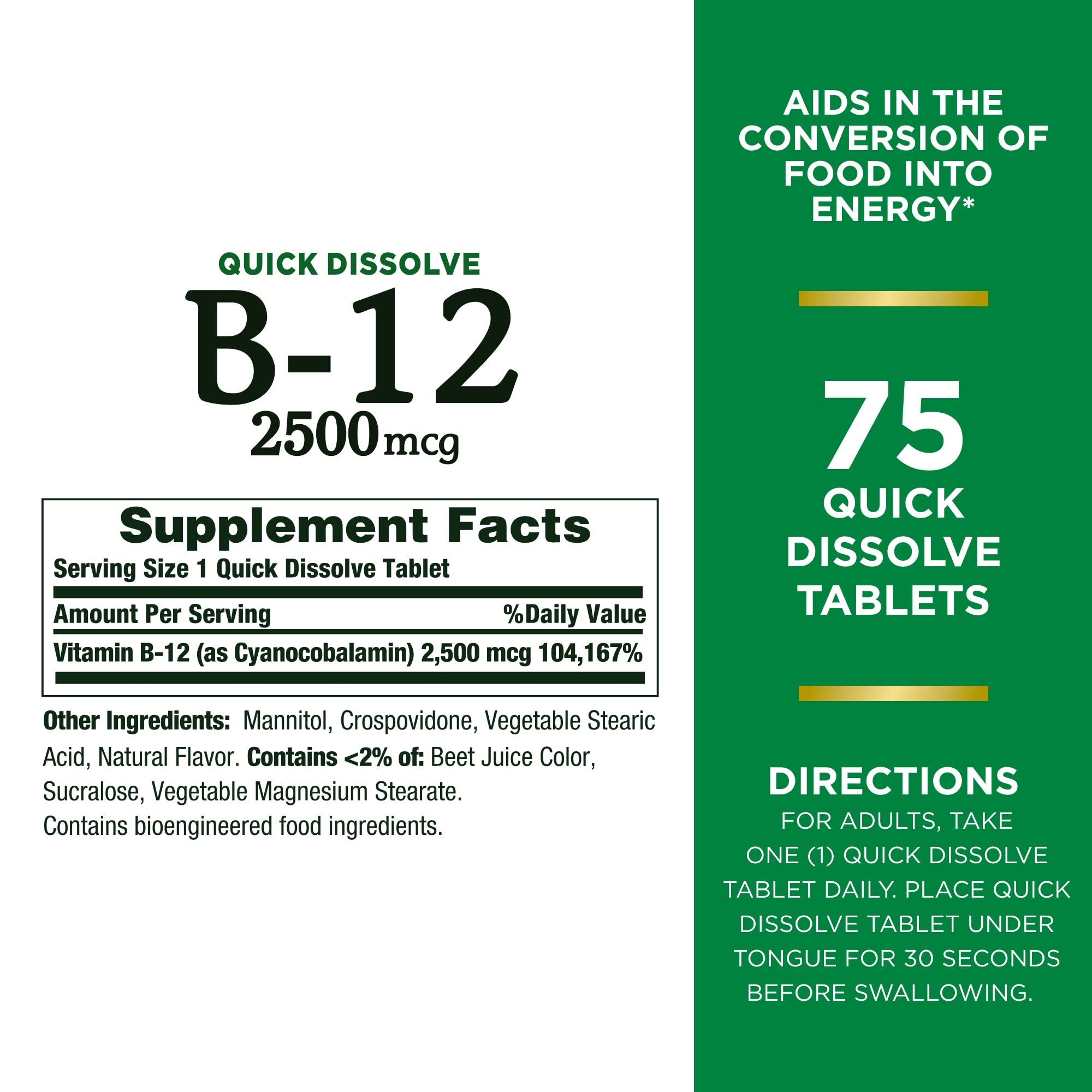 Foto 3 pulgar | Suplemento De Vitamina B12 De Nature's Bounty, 2500 Mcg, 75 Tabletas - Venta Internacional.