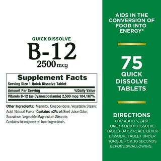 Foto 2 | Suplemento De Vitamina B12 De Nature's Bounty, 2500 Mcg, 75 Tabletas - Venta Internacional.