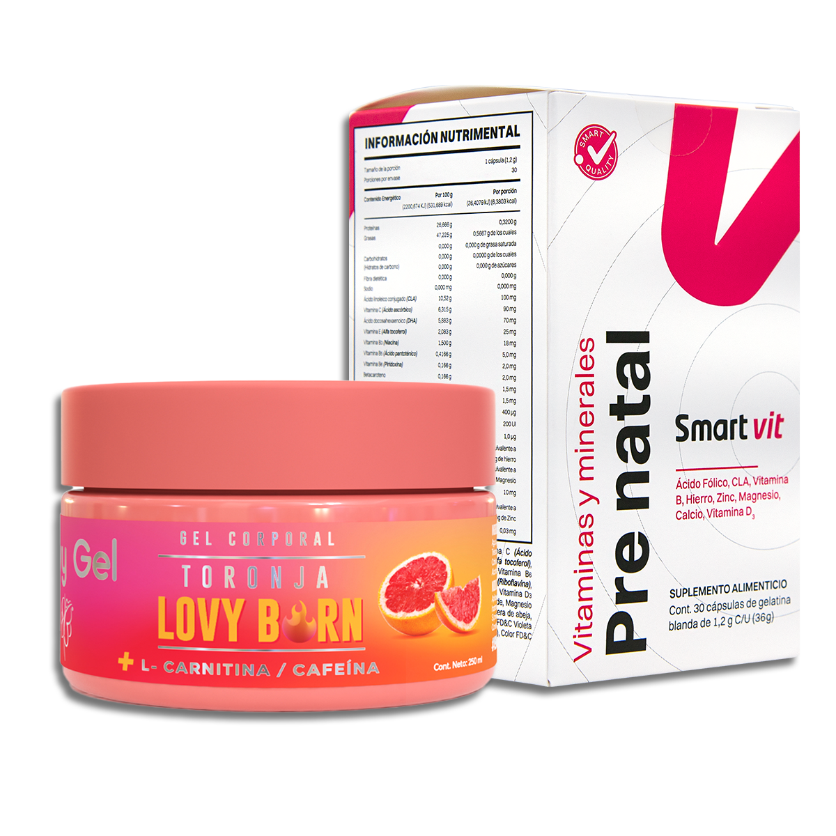 Foto 2 pulgar | Dúo Suplemento Prenatal Ácido Fólico 30 Cápsulas Lovy Care Smart Vit + Gel Reafirmante De Toronja 250 Ml