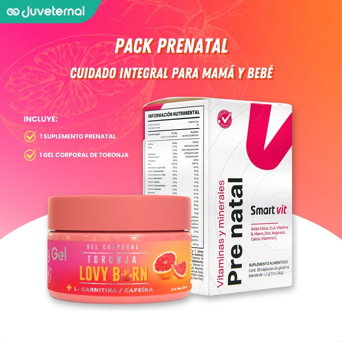 Foto 3 pulgar | Dúo Suplemento Prenatal Ácido Fólico 30 Cápsulas Lovy Care Smart Vit + Gel Reafirmante De Toronja 250 Ml