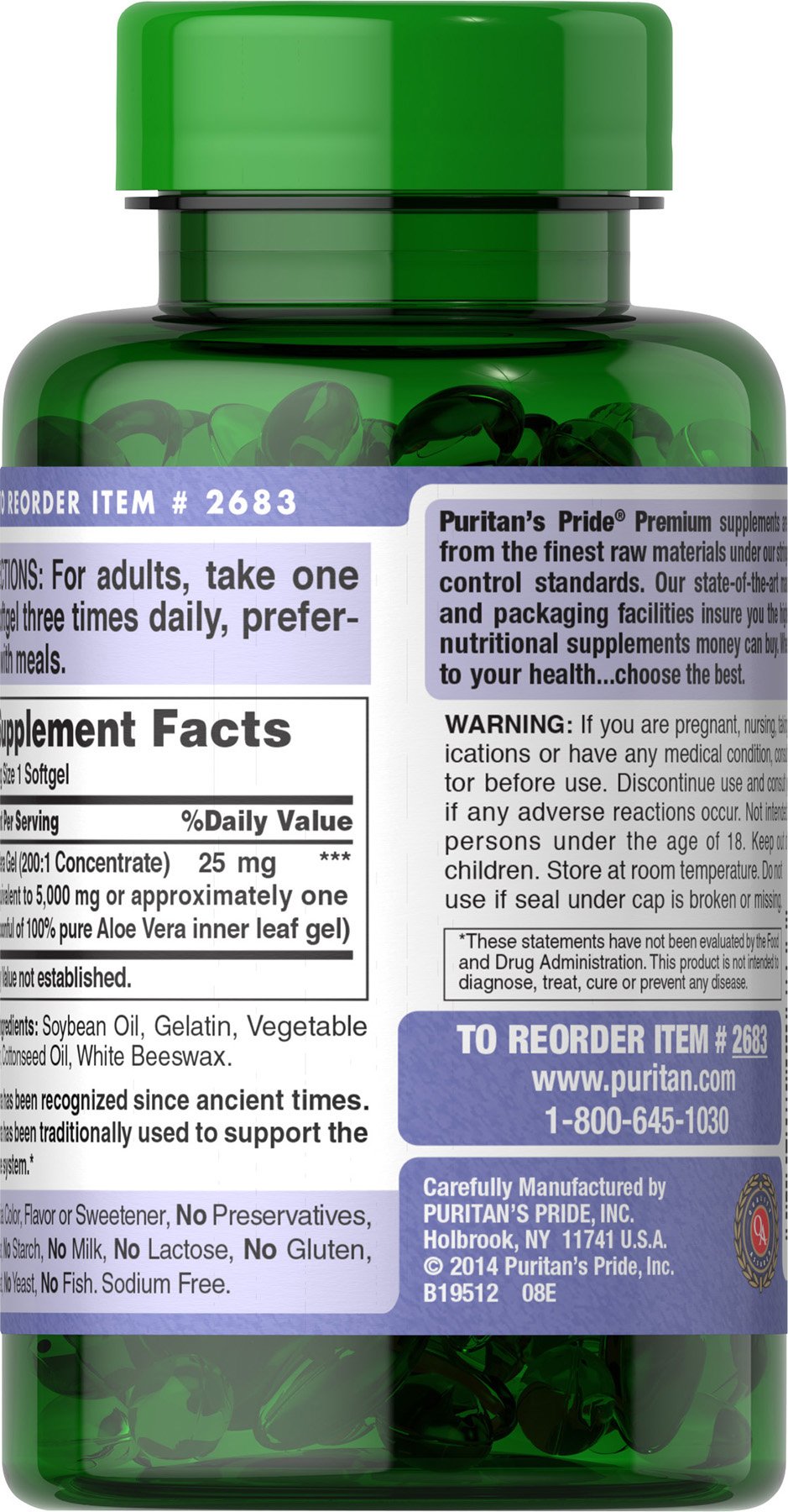 Foto 3 pulgar | Suplemento De Extracto De Aloe Vera De Puritan's Pride 25 Mg X 200 Cápsulas Blandas - Venta Internacional.