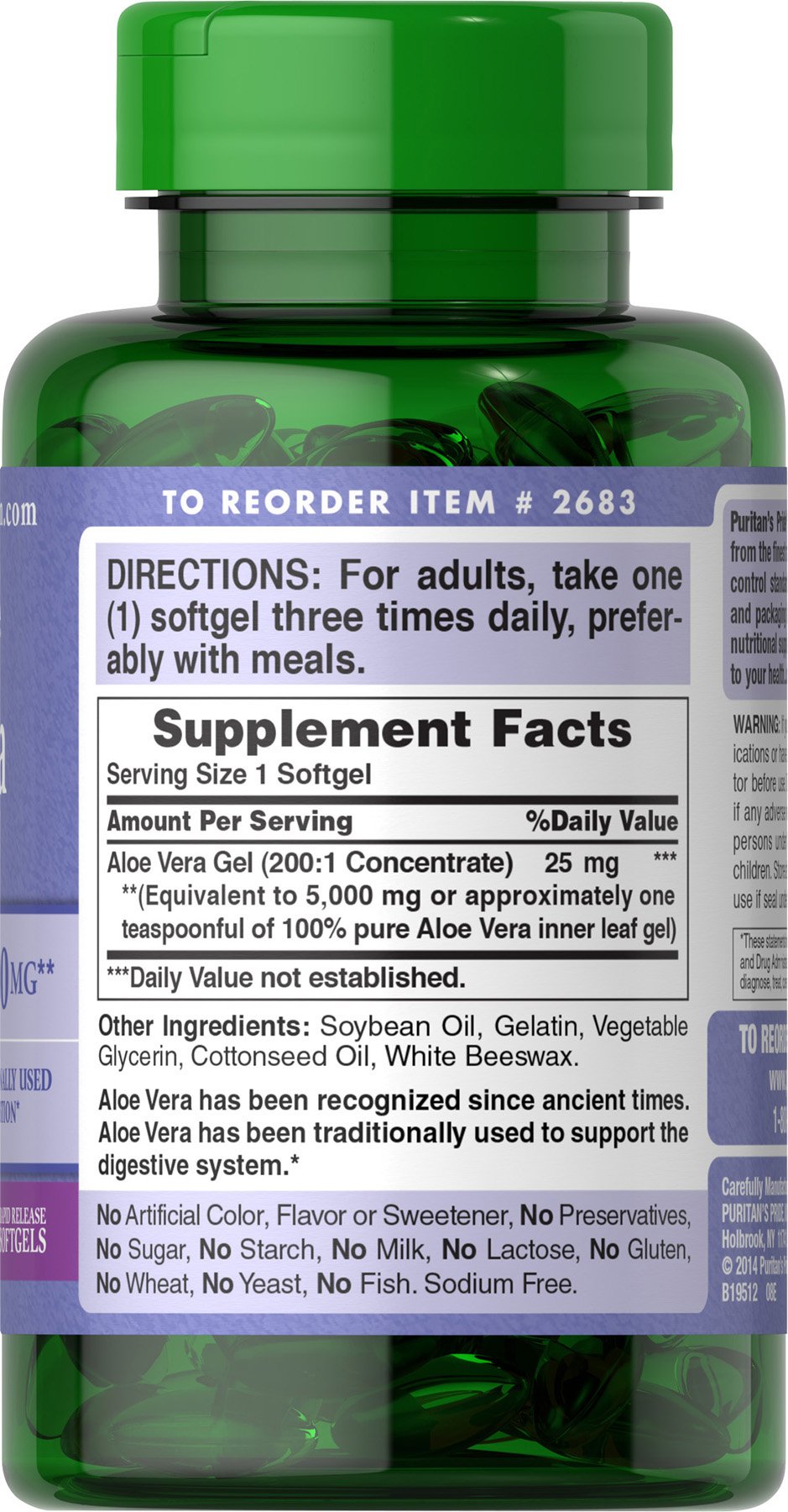 Foto 4 pulgar | Suplemento De Extracto De Aloe Vera De Puritan's Pride 25 Mg X 200 Cápsulas Blandas - Venta Internacional.