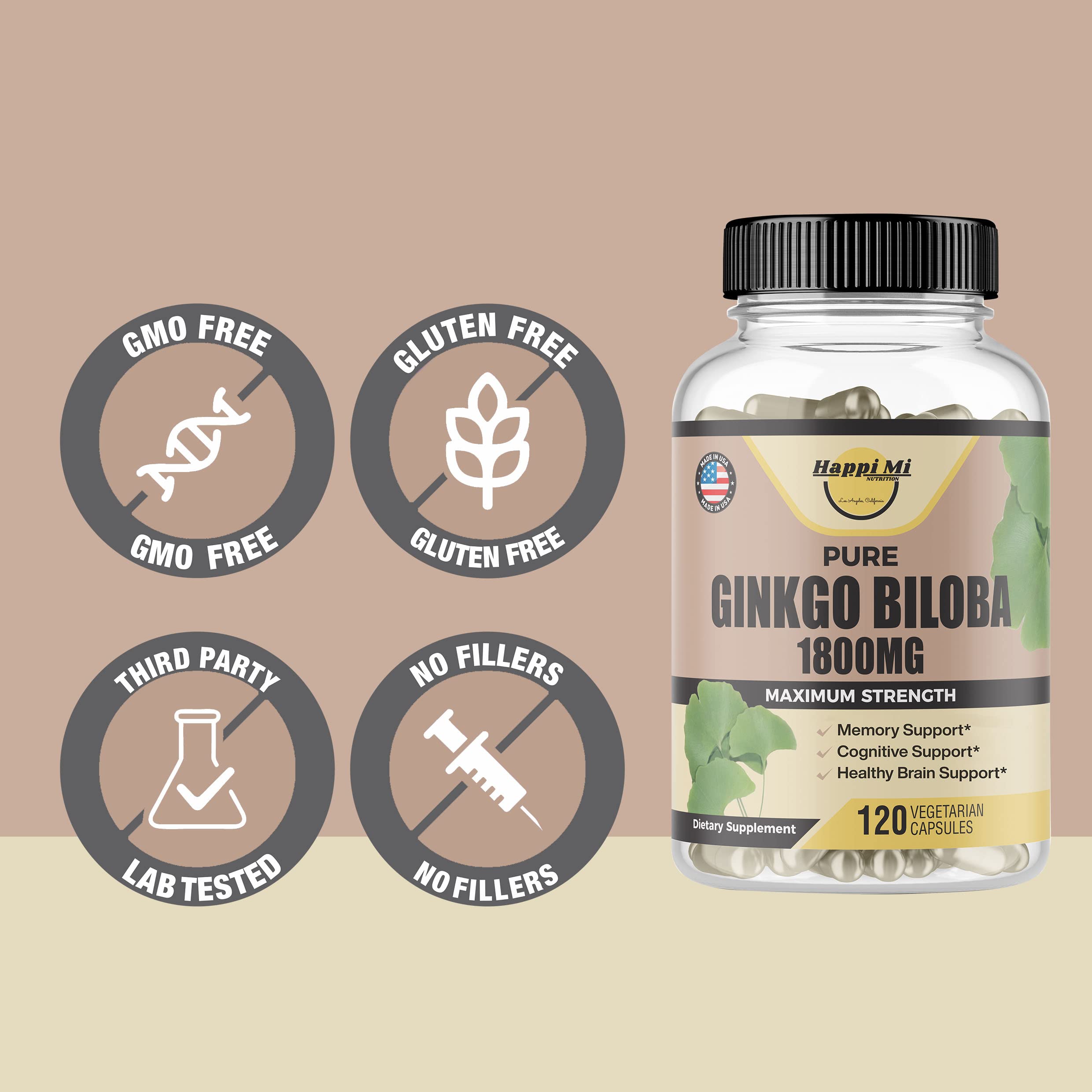 Foto 5 | Suplemento Happi Mi Nutrition Ginkgo Biloba 1800 Mg 120 Cápsulas - Venta Internacional.