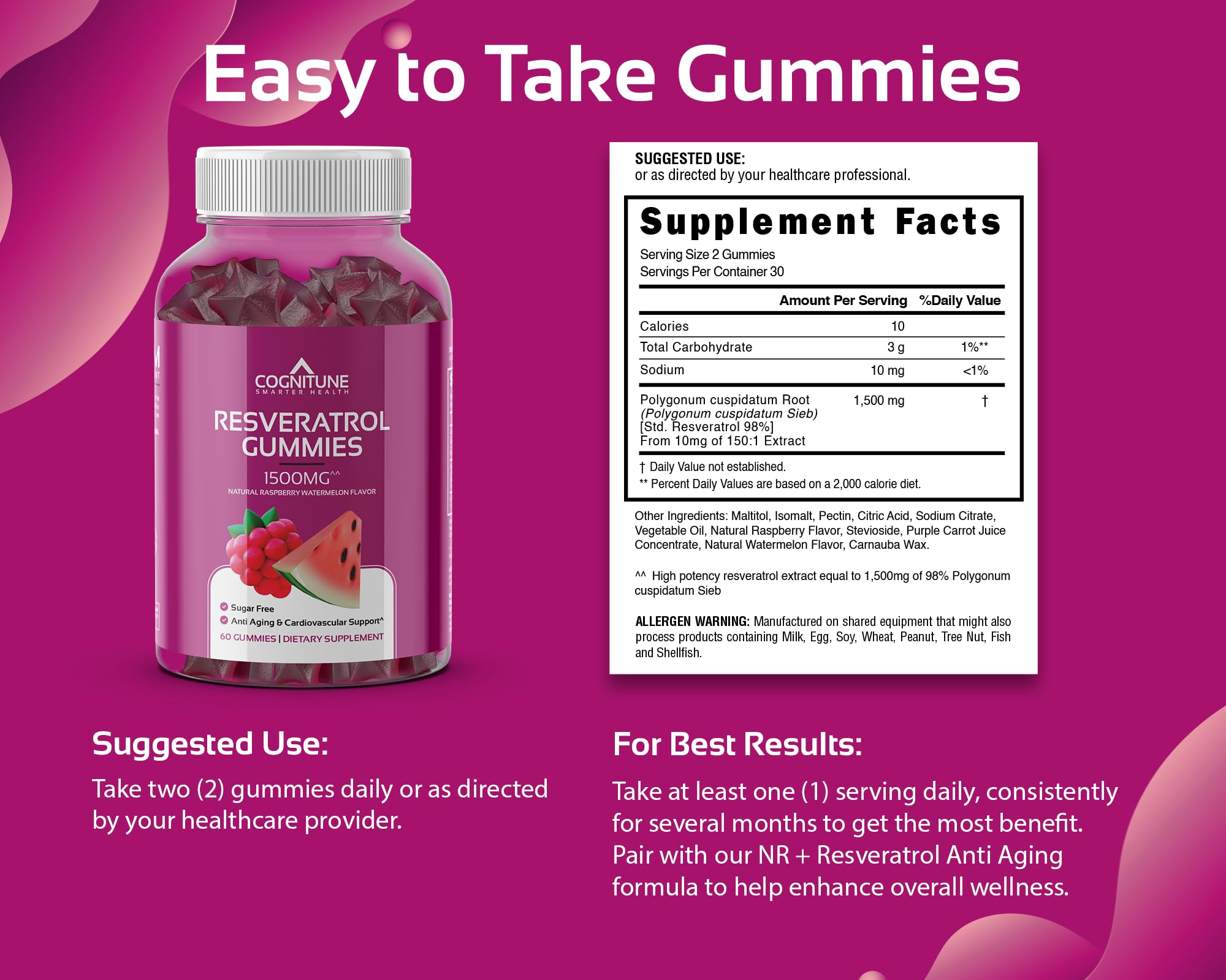 Foto 5 pulgar | Suplemento Cognitune, Gomitas De Resveratrol, 1500 Mg, Sin Azúcar - Venta Internacional.