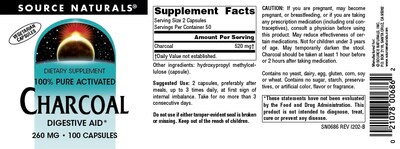 Foto 4 | Carbón Vegetal 100% Puro Activado De Supplement Source Naturals, 100 Cápsulas - Venta Internacional.
