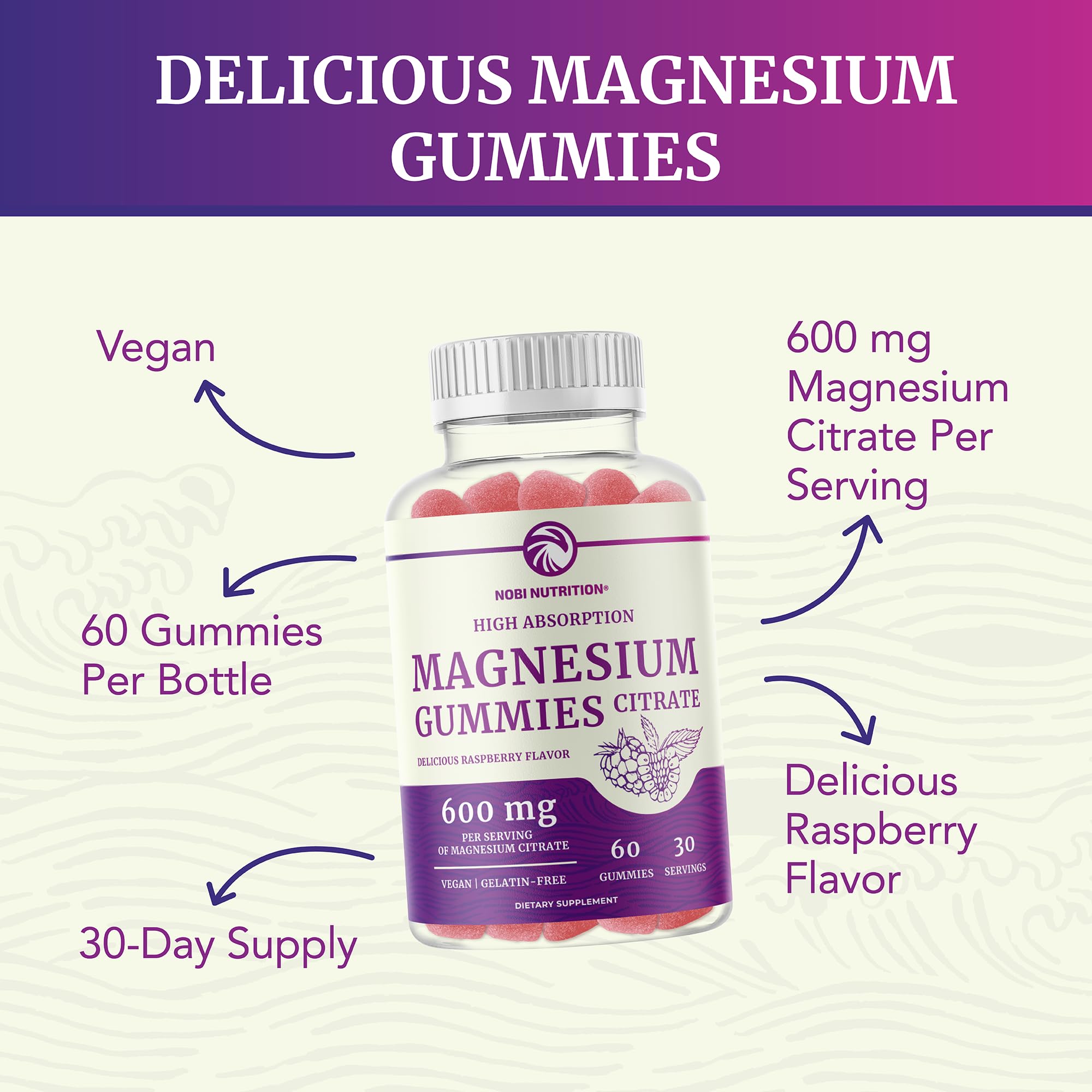 Foto 5 pulgar | Gomitas De Citrato De Magnesio Nobi Nutrition 600 Mg 60 Unidades - Venta Internacional.