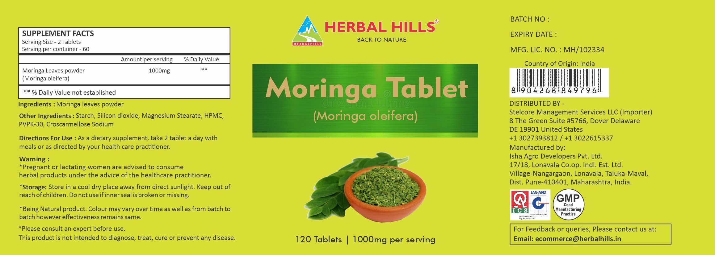 Foto 5 | Suplemento De Tabletas De Moringa De Herbal Hills, 120 Unidades (1000 Mg) - Venta Internacional.