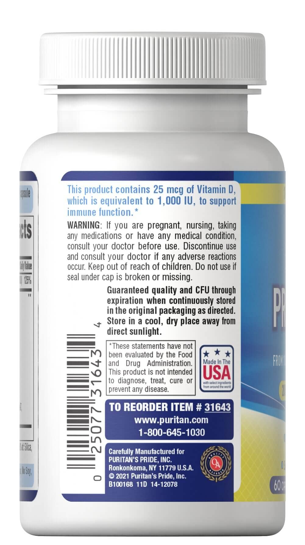 Foto 3 pulgar | Suplemento Puritan's Pride Probiotic 10 Con Vitamina D 60 Cápsulas - Venta Internacional.