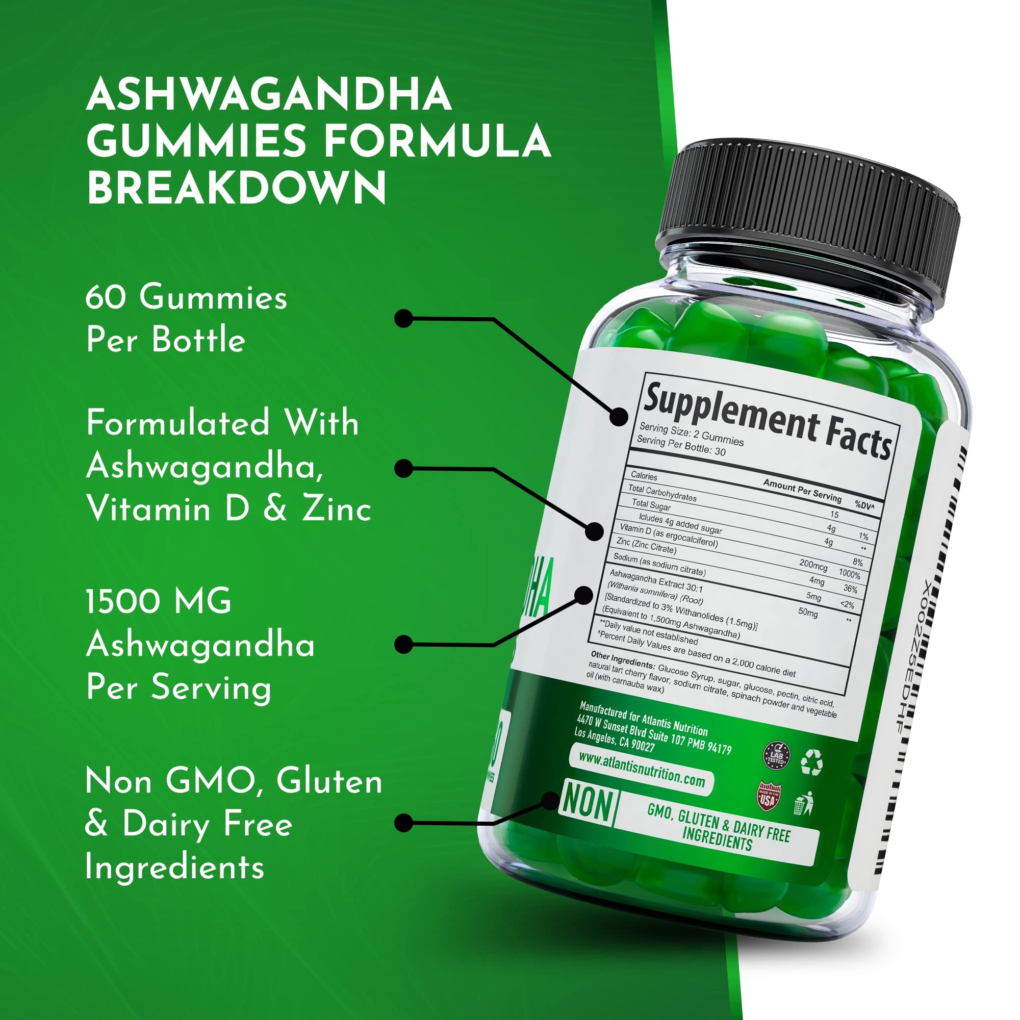 Foto 8 pulgar | Gummies Atlantis Nutrition Ashwagandha 1500 Mg Con Vitamina D Y Zinc - Venta Internacional.