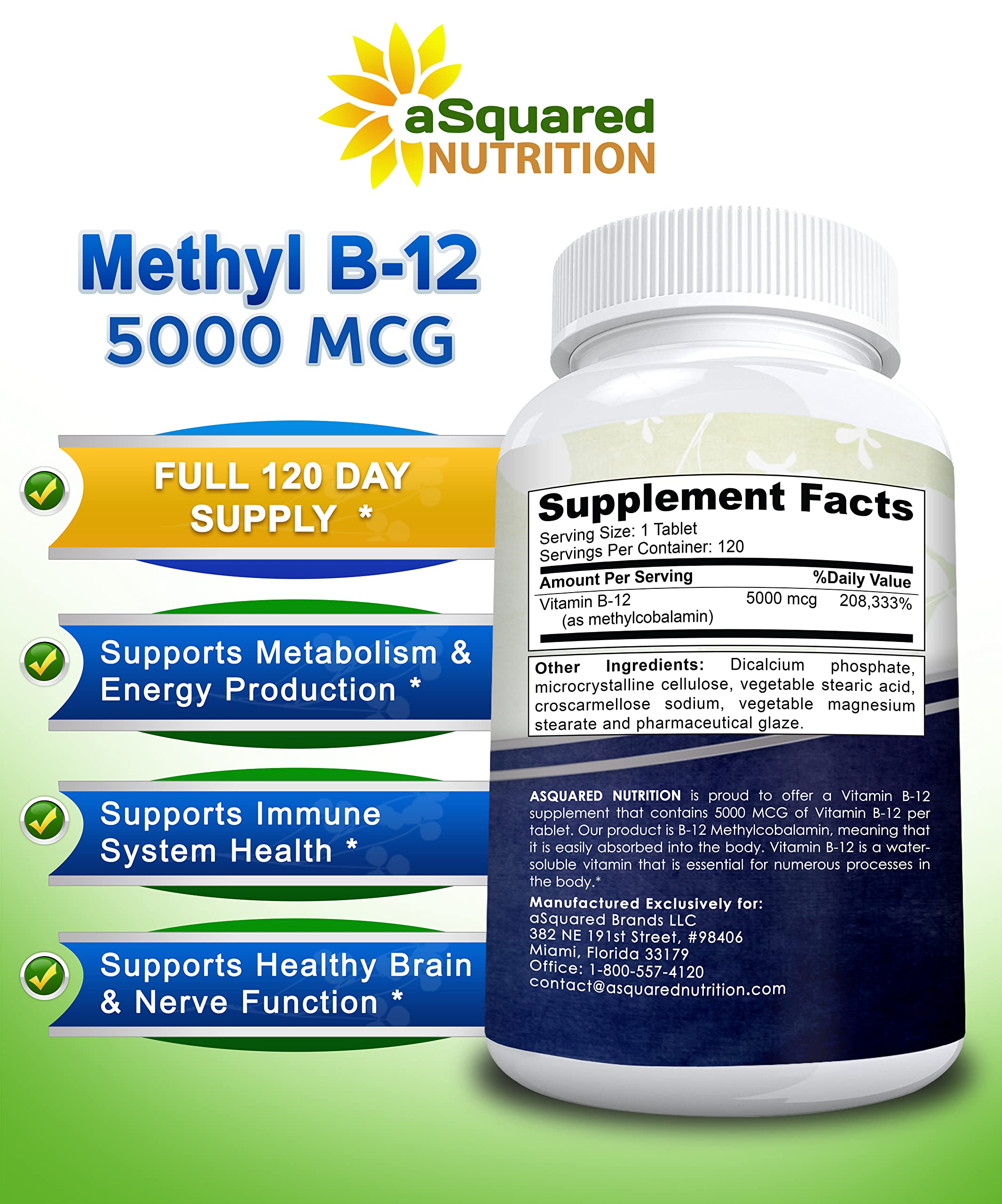 Foto 7 pulgar | Suplemento De Vitamina B12-5000 Mcg De Squared Nutrition, 120 Comprimidos - Venta Internacional.