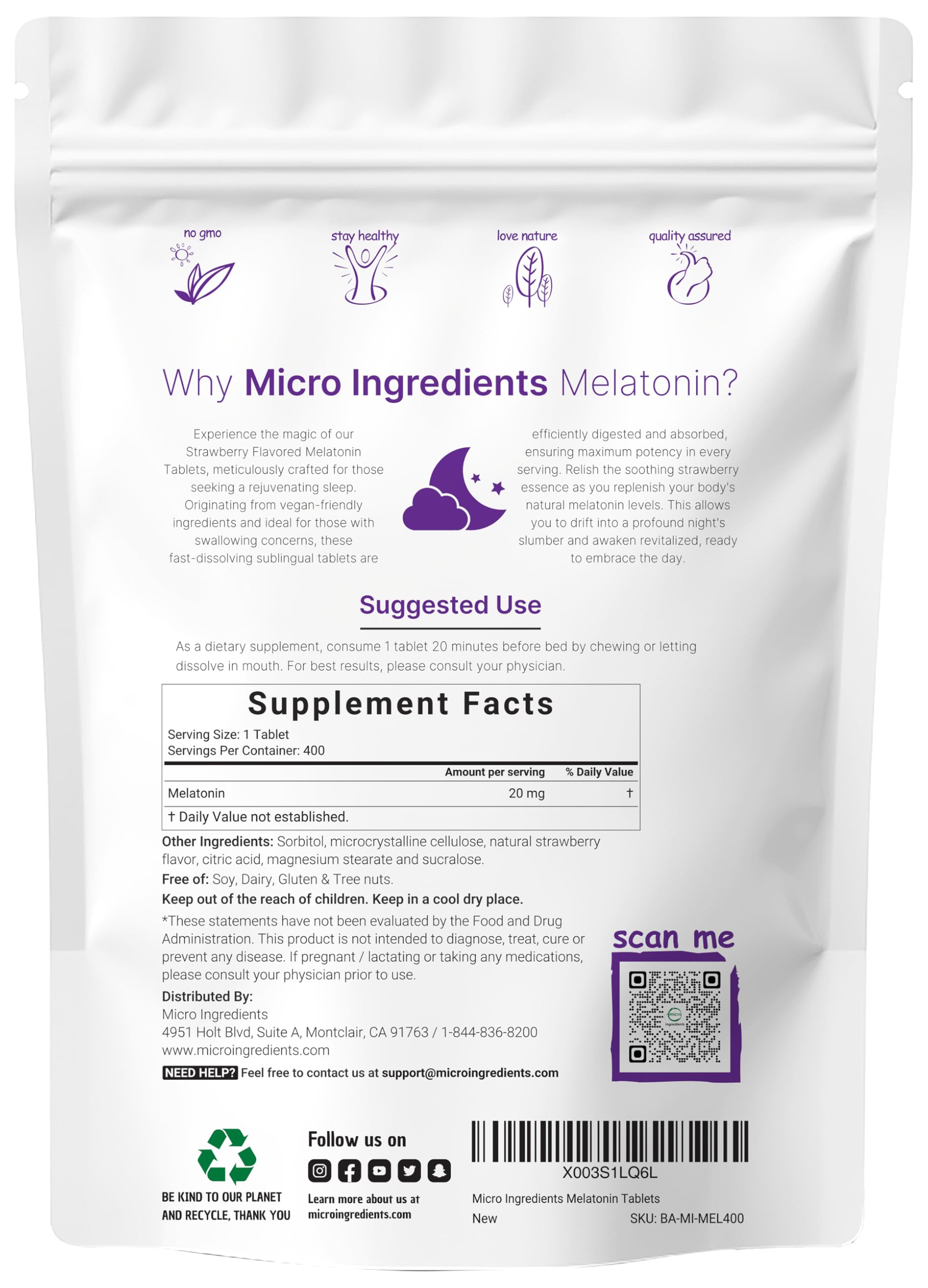 Foto 3 pulgar | Tabletas De Melatonina, Microingredientes, 20 Mg, 400 Tabletas - Venta Internacional.