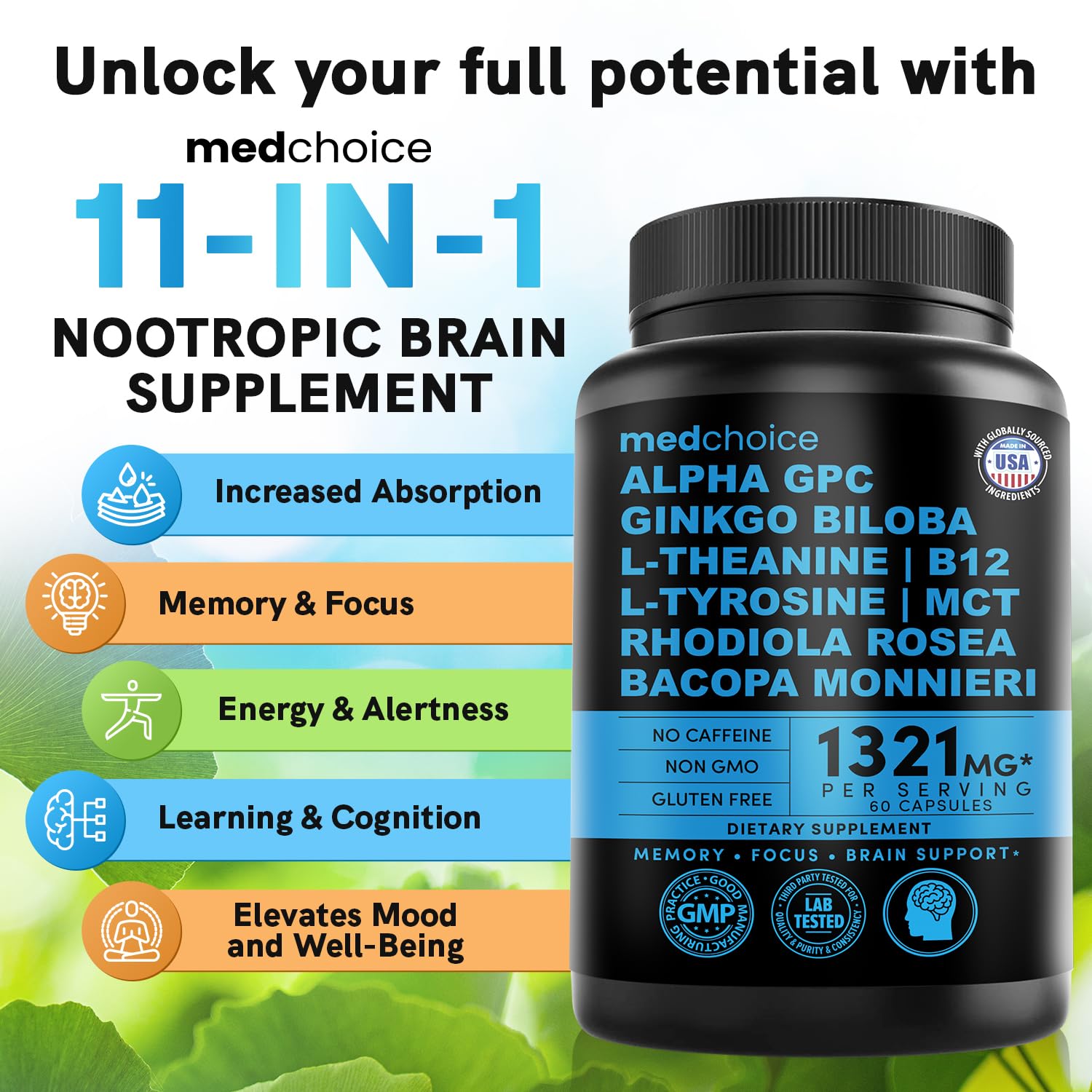 Foto 3 | Suplemento Medchoice Nootrópico Brain Memory & Focus, 60 Unidades, 2 Unidades - Venta Internacional.