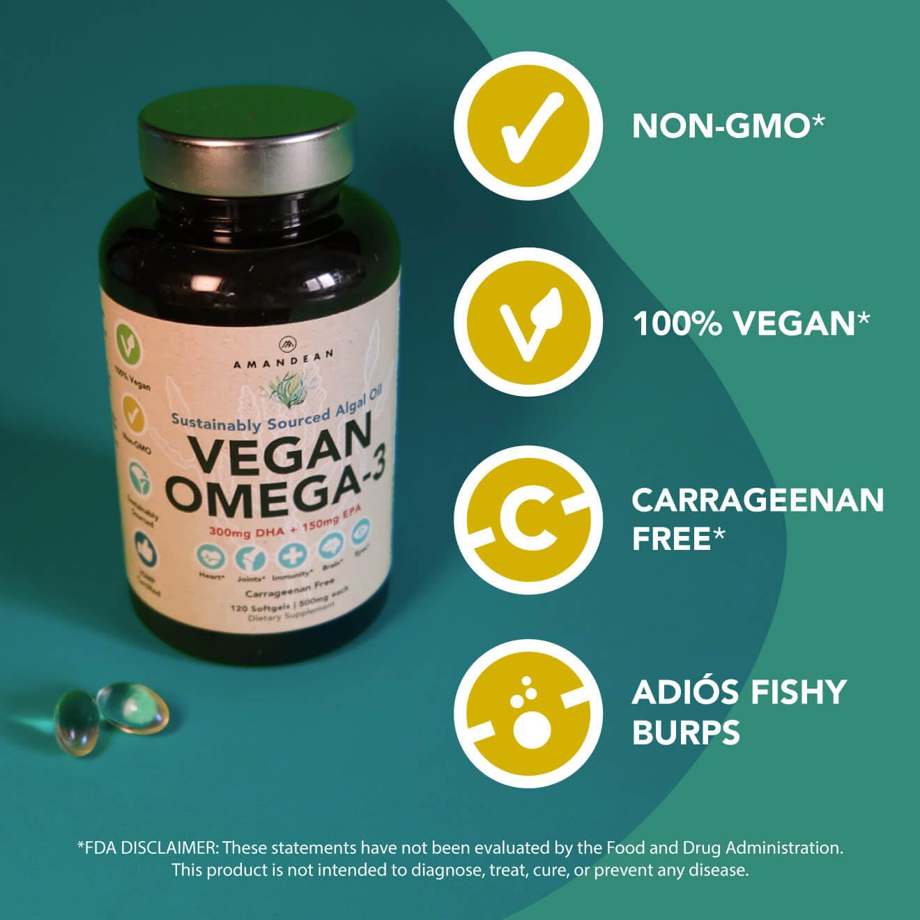 Foto 3 pulgar | Suplemento Amandean Vegan Omega 3 Algas Dha Y Epa 120 Cápsulas Blandas - Venta Internacional.