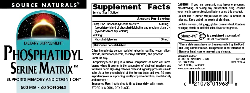 Foto 5 pulgar | Matriz De Fosfatidilserina De Supplement Source Naturals, 500 Mg - Venta Internacional.