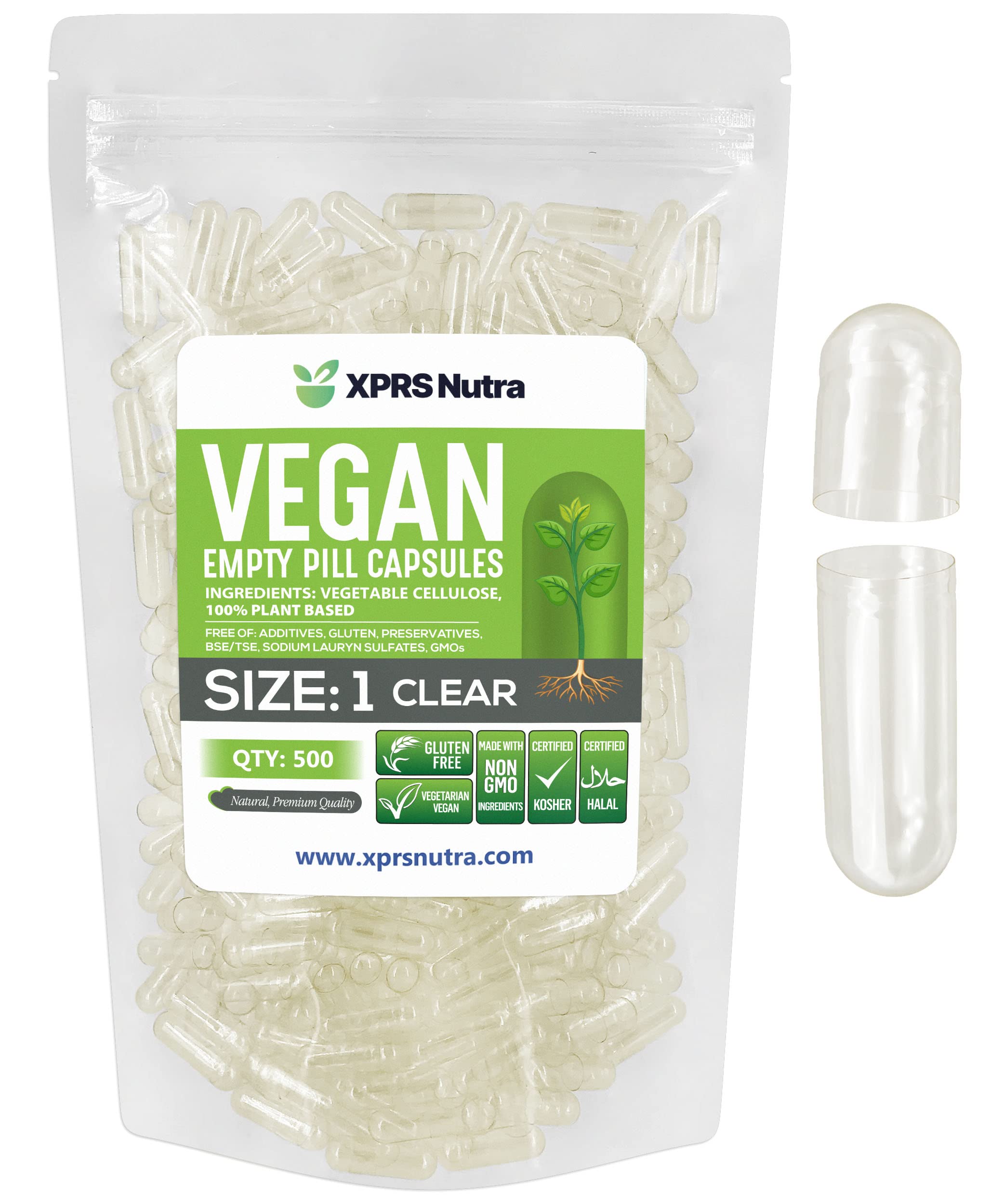 Cápsulas Vacías Xprs Nutra, Tamaño 1, 500 Unidades, Transparentes, Veganas - Venta Internacional.
