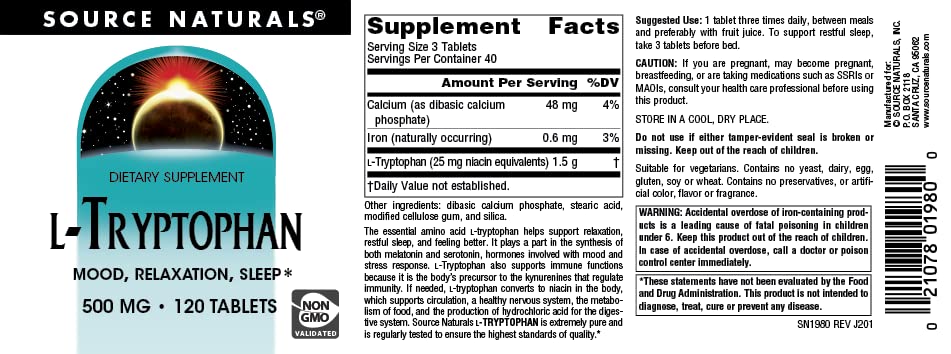 Foto 5 pulgar | Suplement Source Naturals L-triptófano 500 Mg - 120 Comprimidos - Venta Internacional.