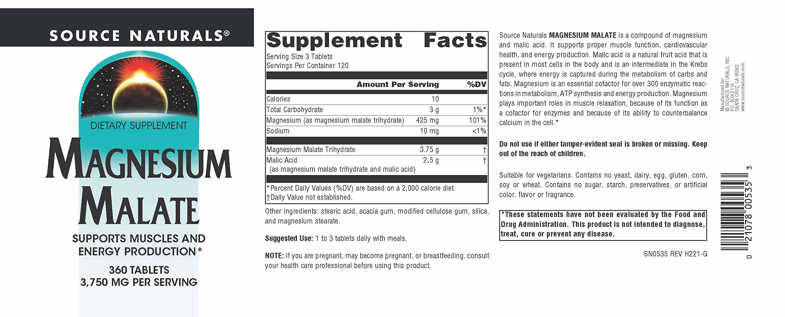 Foto 5 pulgar | Supplement Source Naturals Malato De Magnesio 3750 Mg 360 Comprimidos - Venta Internacional.