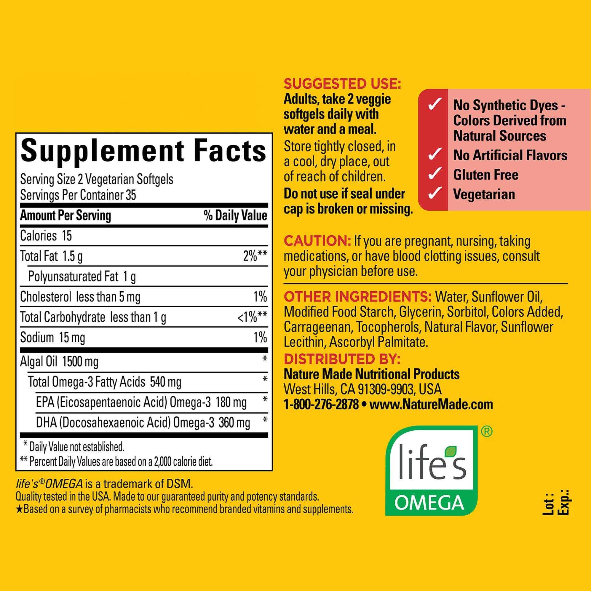 Foto 6 pulgar | Suplemento Nature Made Algae Omega 3 540 Mg 70 Cápsulas Blandas - Venta Internacional.