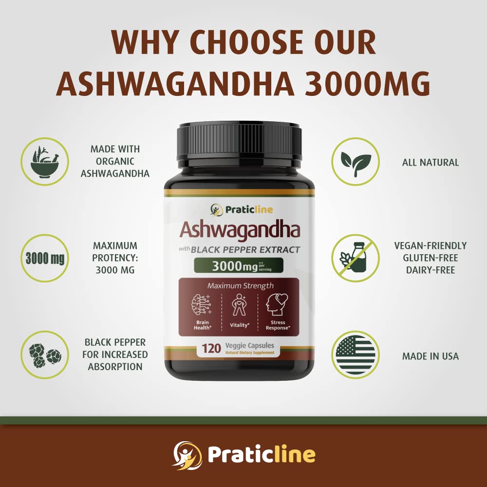 Foto 4 pulgar | Suplemento Pratic Line, Cápsulas De Ashwagandha, 3000 Mg, 120 Veganas - Venta Internacional.