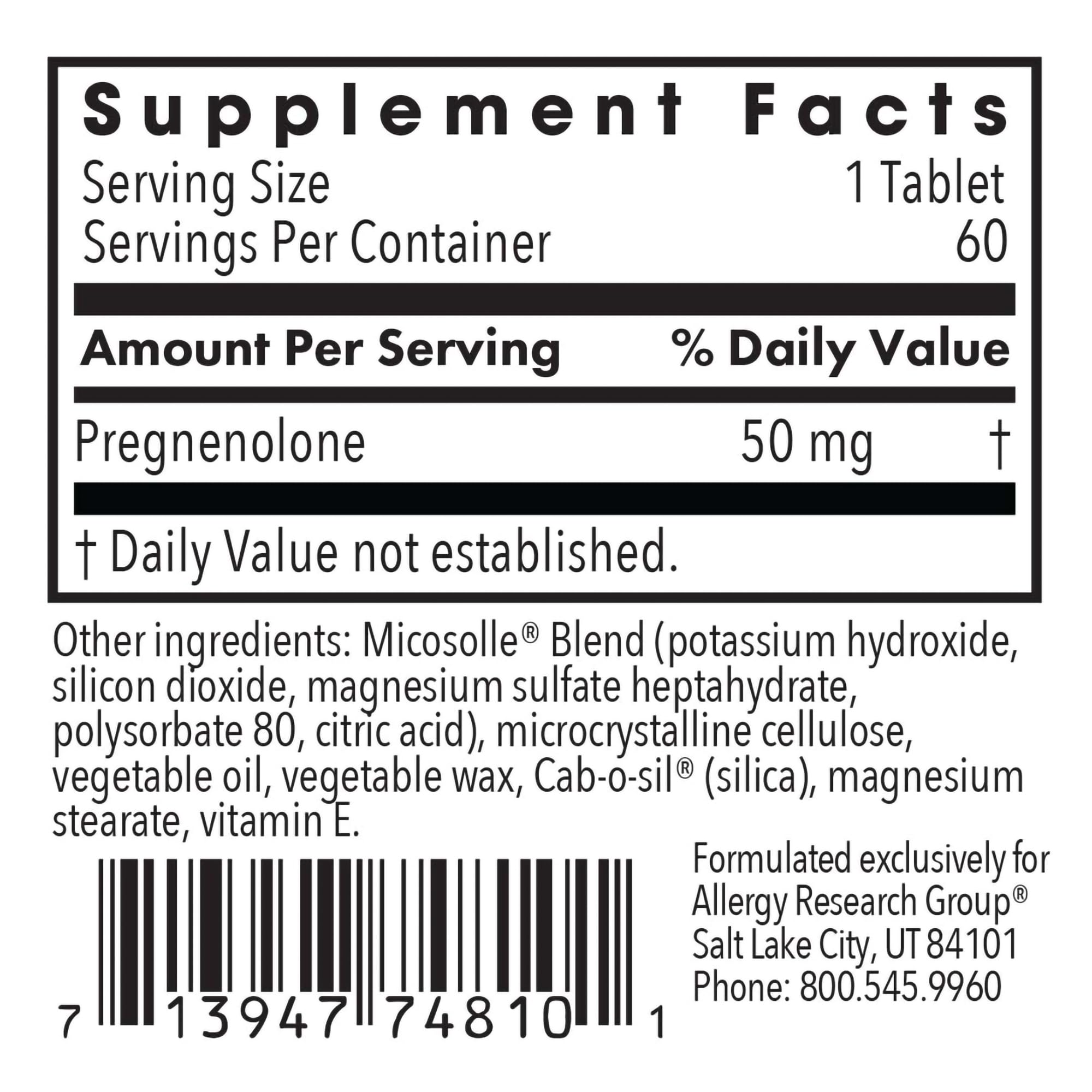 Foto 4 pulgar | Suplemento Allergy Research Group, Pregnenolona, 50 Mg, 60 Comprimidos - Venta Internacional.