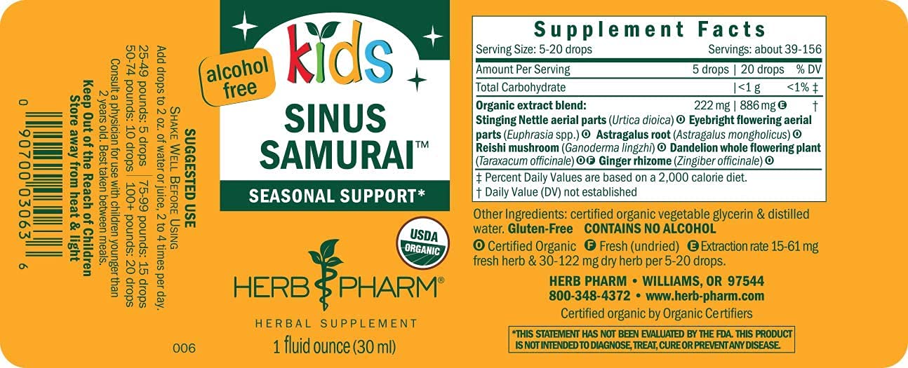 Foto 3 pulgar | Fórmula Herbal Líquida Herb Pharm Kids Sinus Samurai 30 Ml - Venta Internacional.