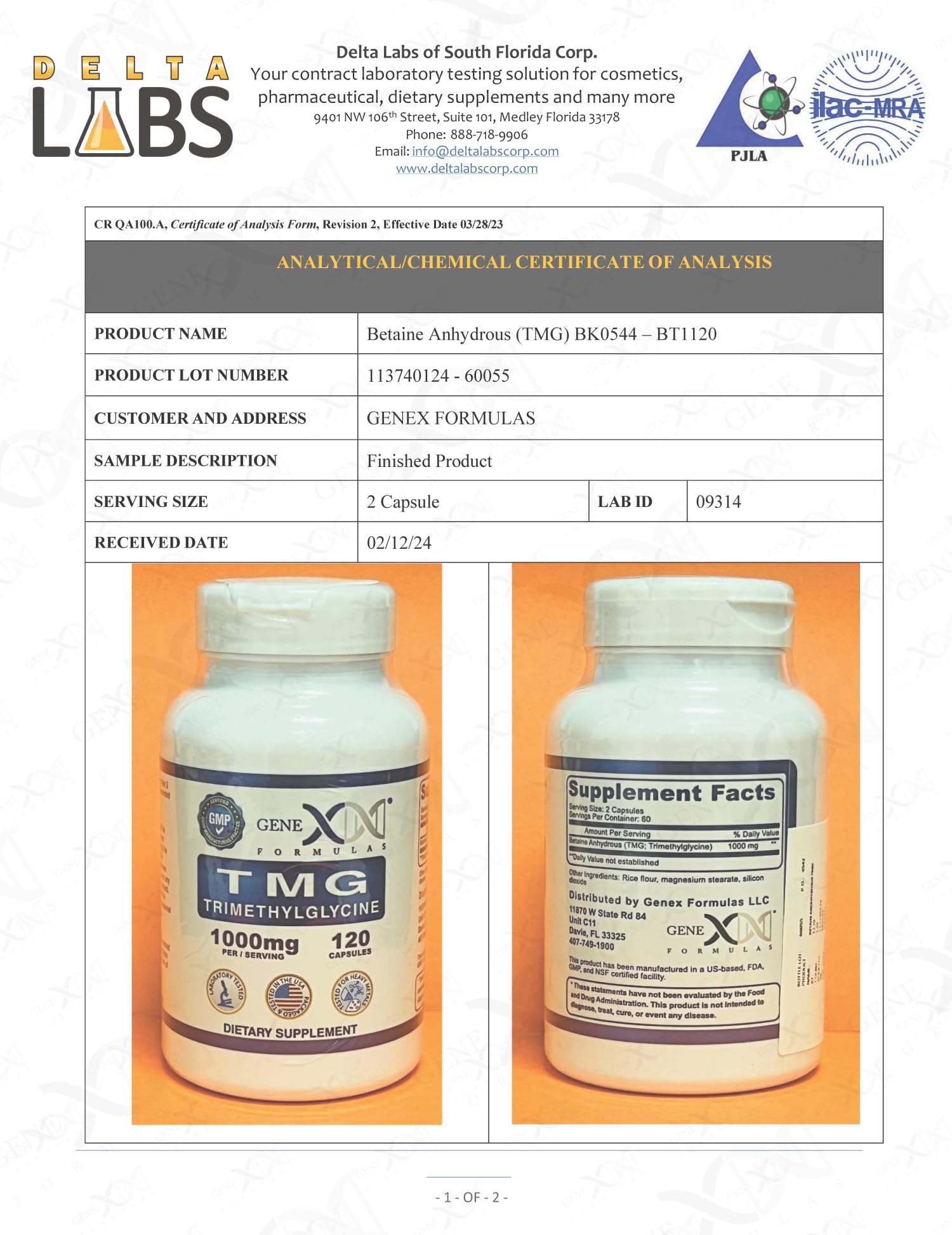 Foto 3 pulgar | Suplemento Genex Tmg 1000 Mg De Betaína Anhidra 120 Cápsulas - Venta Internacional.