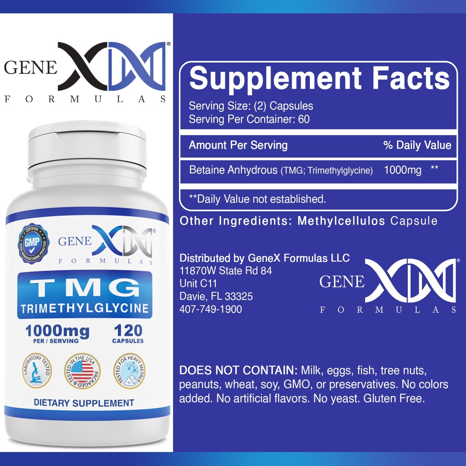 Foto 5 pulgar | Suplemento Genex Tmg 1000 Mg De Betaína Anhidra 120 Cápsulas - Venta Internacional.