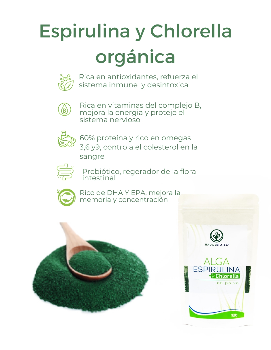 Foto 4 pulgar | Alga Espirulina + Chlorella En Polvo Hadosbiotec 100 G Ingredientes Naturales Sin Conservadores Ni Aditivos