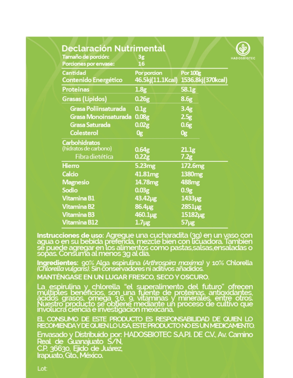Foto 6 pulgar | Alga Espirulina + Chlorella En Polvo Hadosbiotec 100 G Ingredientes Naturales Sin Conservadores Ni Aditivos