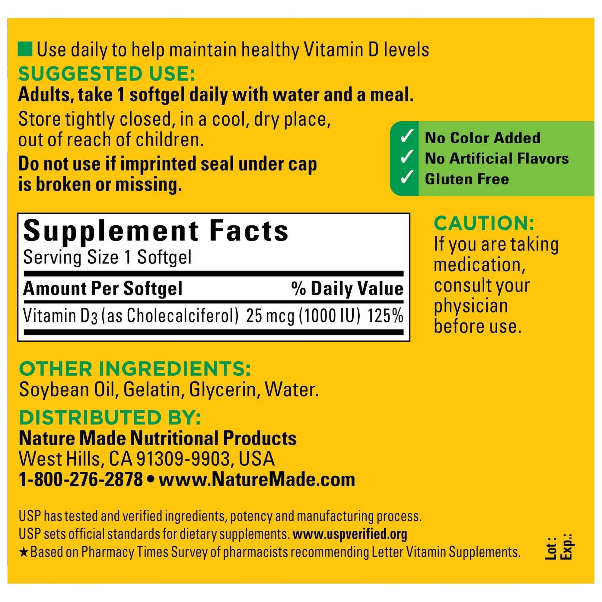 Foto 3 pulgar | Suplemento Nature Made de Vitamina D3 1000 Ui 25 Mcg 300 Cápsulas - Venta Internacional