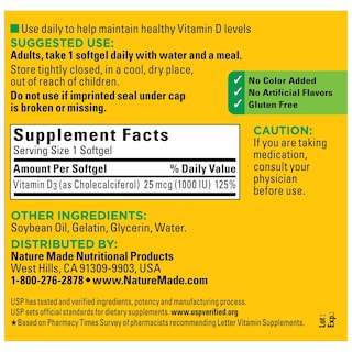 Foto 3 | Suplemento Nature Made de Vitamina D3 1000 Ui 25 Mcg 300 Cápsulas - Venta Internacional
