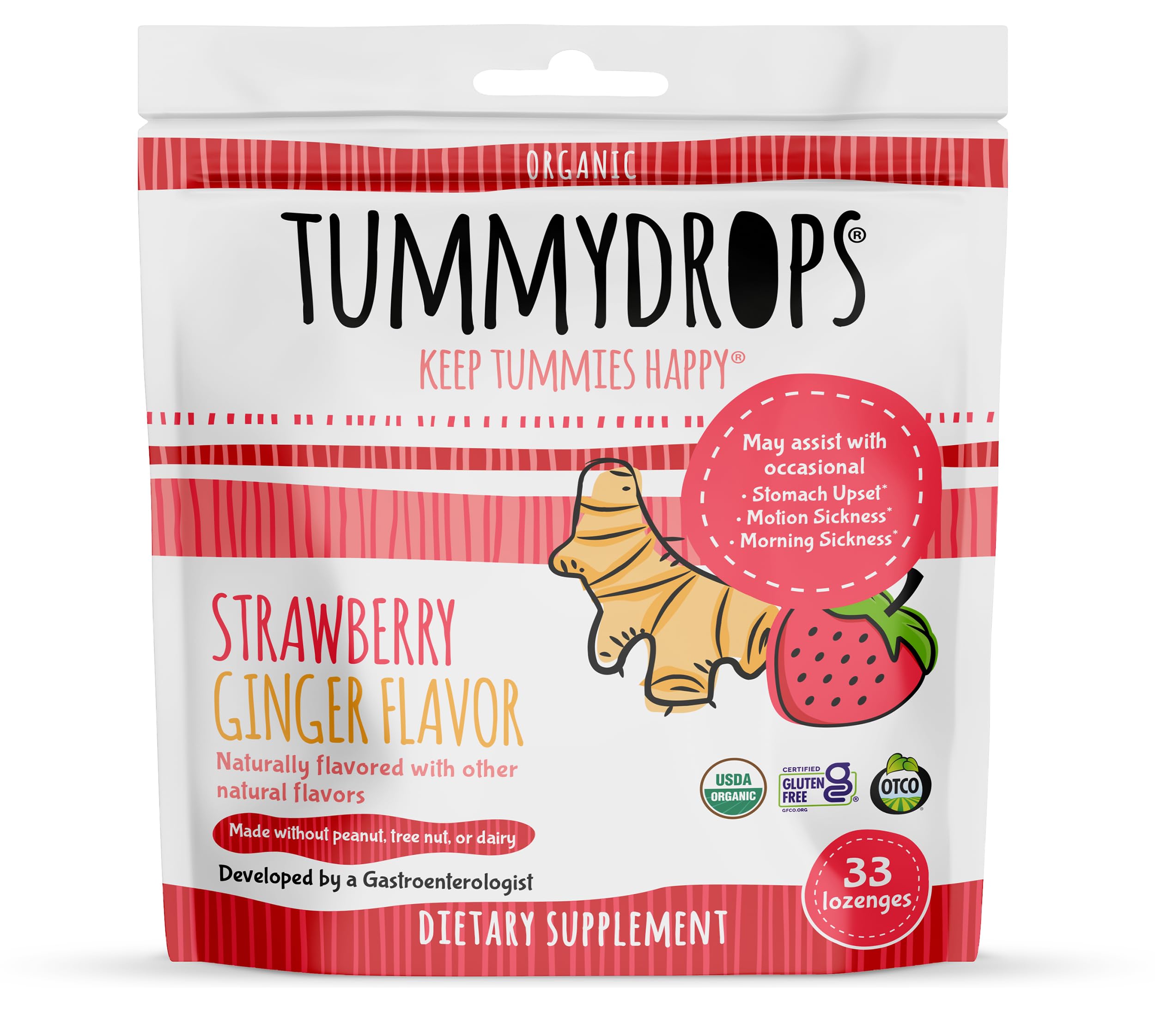 Pastillas Tummydrops Fresa y Jengibre Orgánicas 33 Unidades - Venta Internacional
