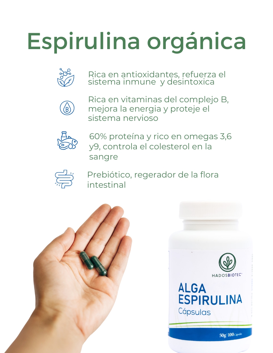 Foto 4 pulgar | Alga Espirulina Cápsulas Hadosbiotec 100 Cápsulas 50 Gr Ingredientes Naturales 100% Alga Espirulina Maxima Sin