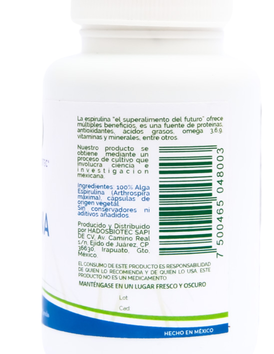 Foto 6 pulgar | Alga Espirulina Cápsulas Hadosbiotec 100 Cápsulas 50 Gr Ingredientes Naturales 100% Alga Espirulina Maxima Sin