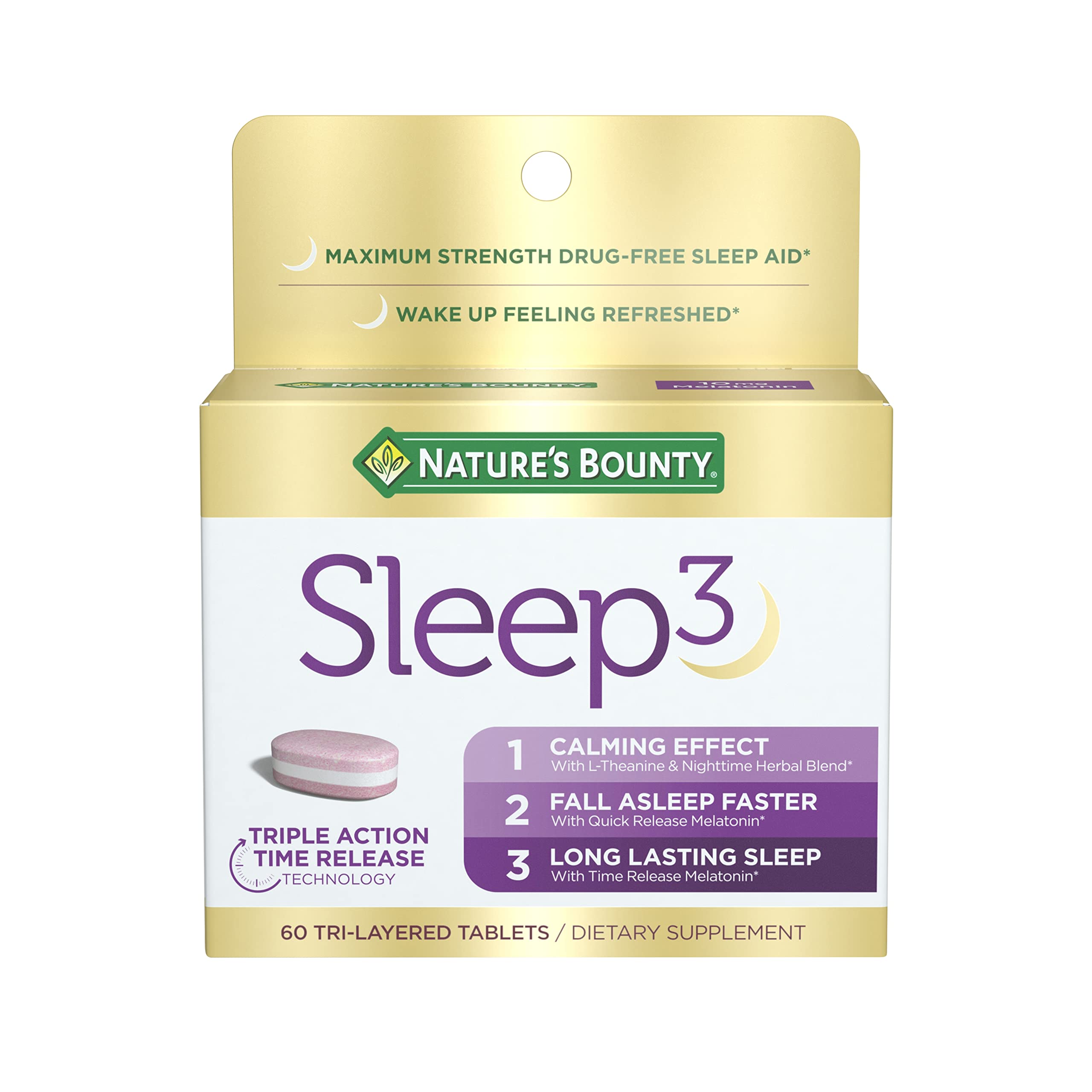Suplemento de apoyo para dormir Nature's Bounty Sleep3 Melatonina 10 Mg 60 Comprimidos - Venta Internacional