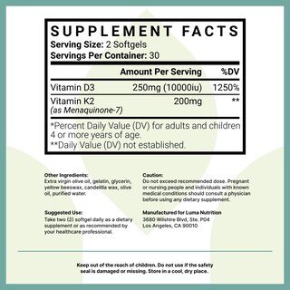 Foto 6 | Suplemento Luma Nutrition De Vitamina D3 + K2, 10000 Ui 60 Cápsulas- Venta Internacional